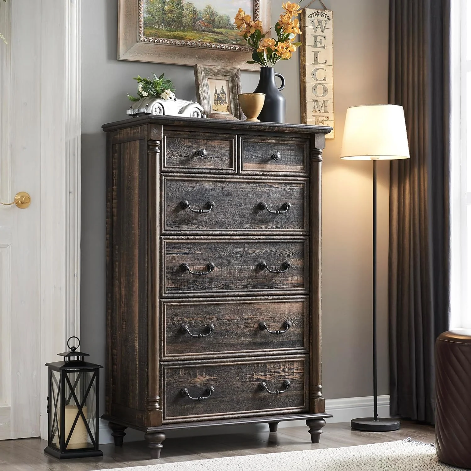 OKD Farmhouse 6 Drawers Dresser Chests for Bedroom w/4 Solid Wood Feet & Column ,Storage Dressers for Bedroom,Living Room,Dark Rustic Oak