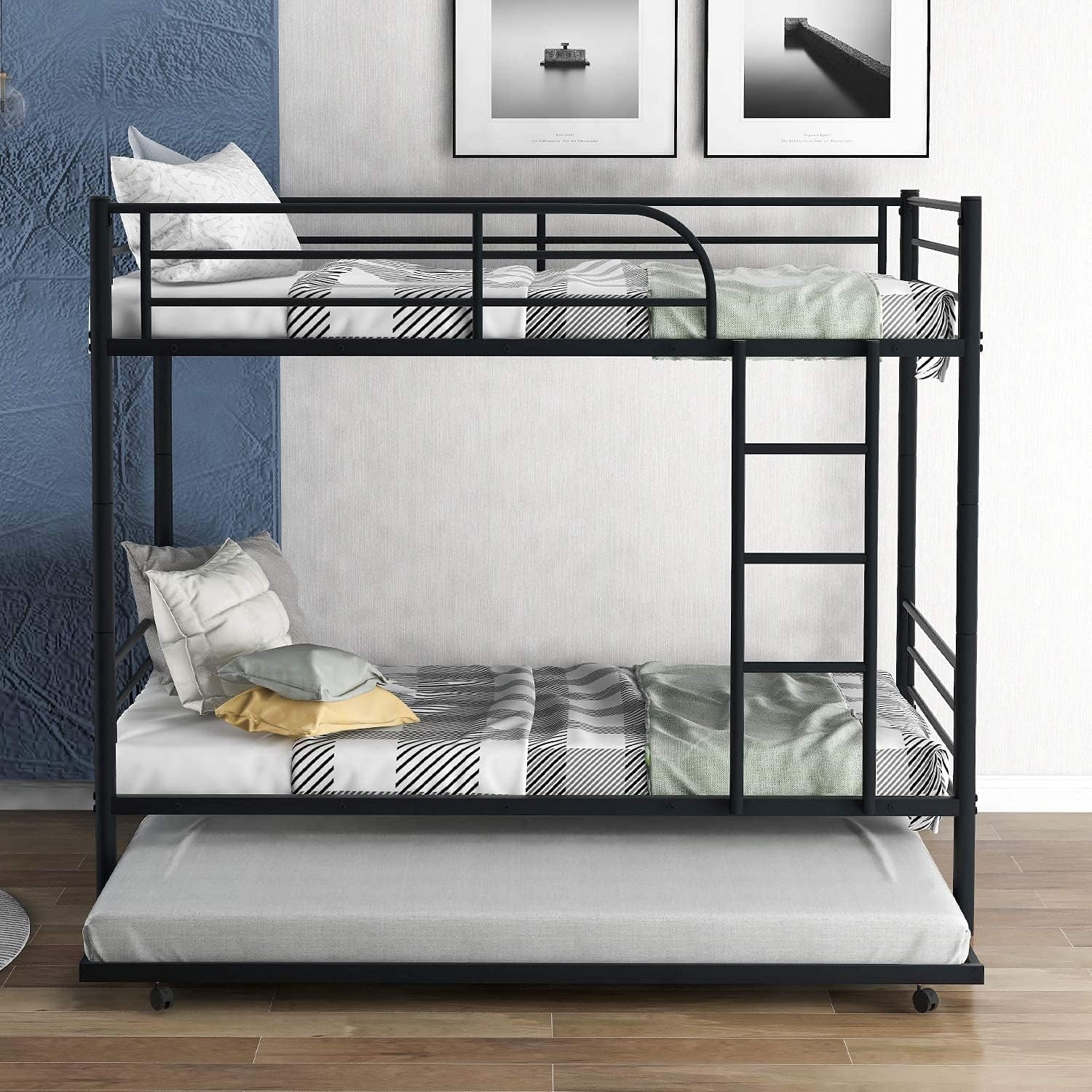 Metal Bunk Bed With Trundle, Over Beds Can Be Divided Into Two Beds, Heavy Duty Triple Bed Frame With Ladders & Safety Guard Rails (Black)