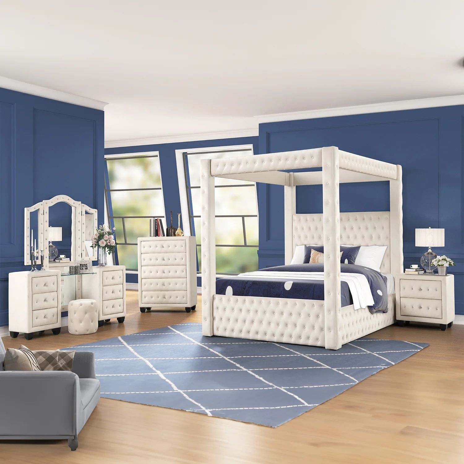 Monica Modern Style Queen Crystal Tufted Bed made with Wood in Cream