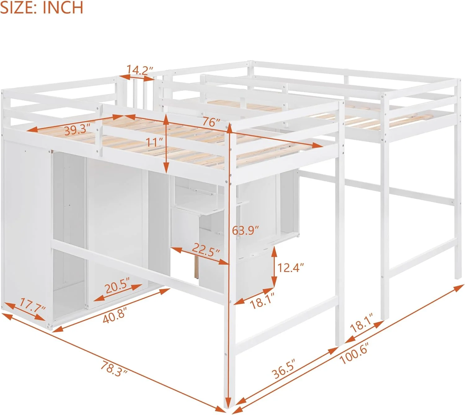 Double Size Lof Bed Wih Saircase Ad Wardrobes, Solid Wood Lof Bed Frame Wih Sorage, High Lof Bed Frame Wih Sairs For Kids ees Aduls (, Whie)