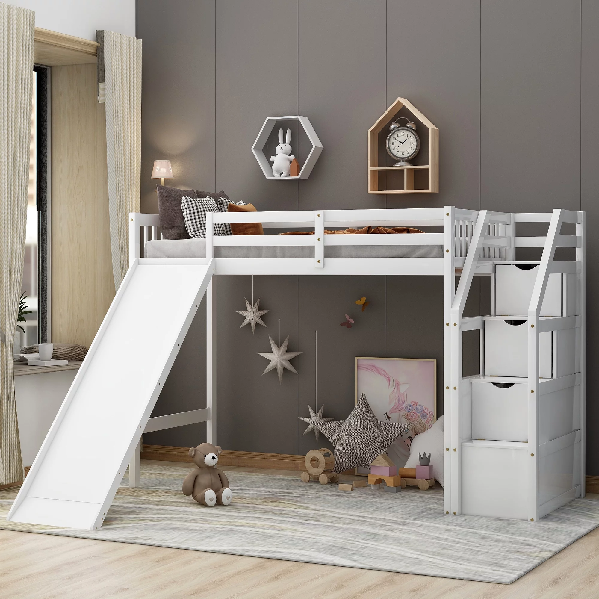 Livspace Twin Size Loft Bed with Storage and Slide, White