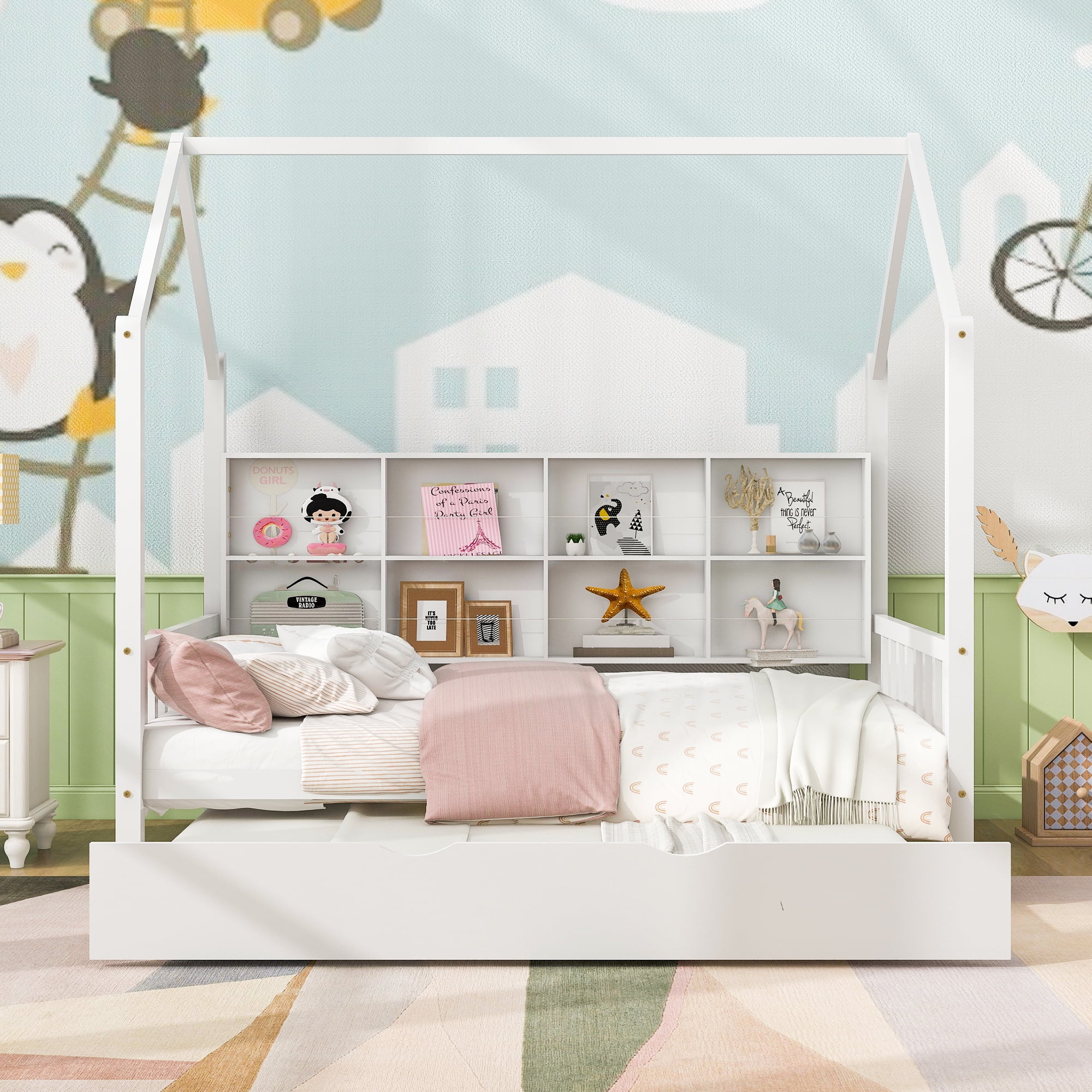 Gewnee Wood Full Size House Bed with Trundle and Storage Shelves for Kid's Room,White