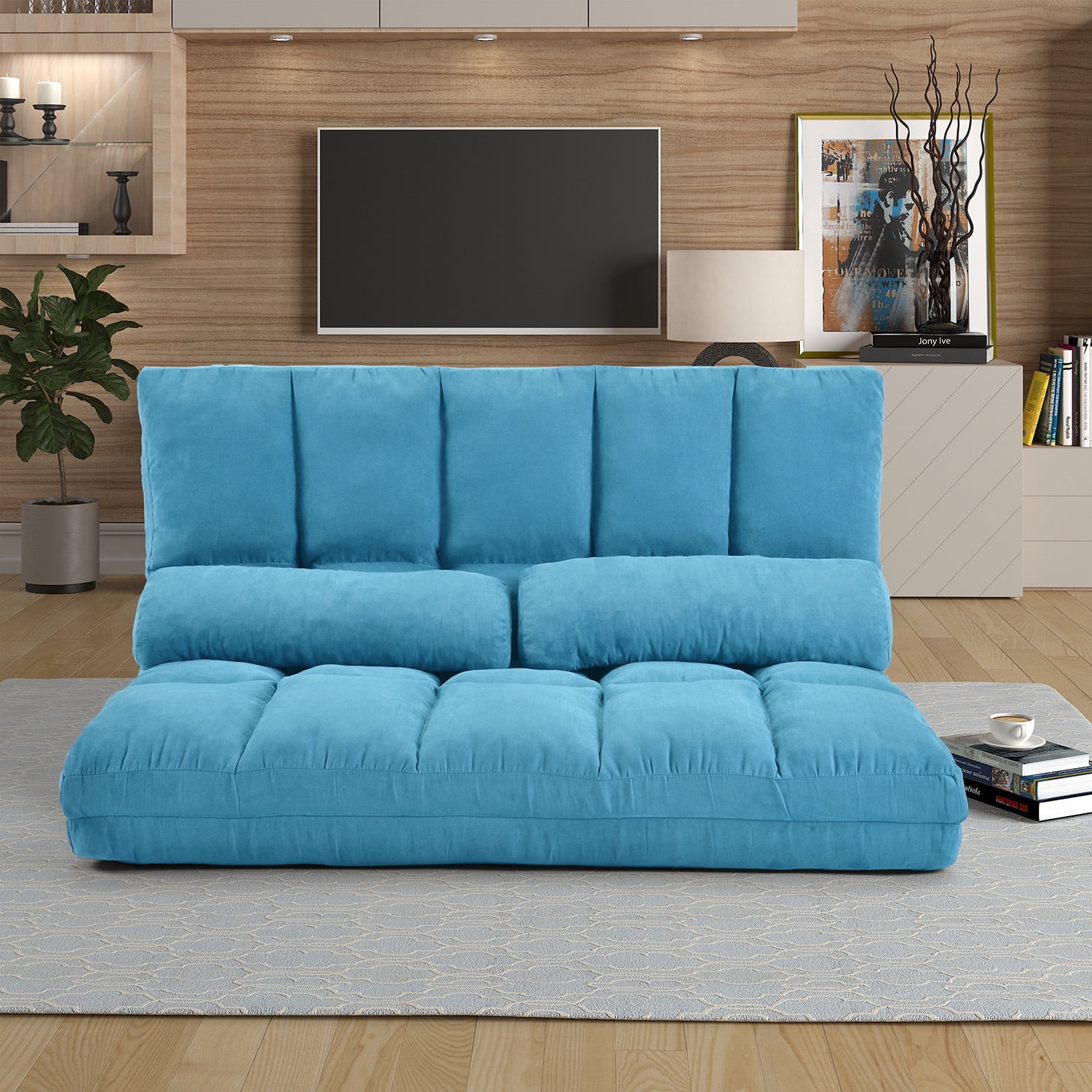 Bellemave Double Chaise Lounge Sofa, Fabric Floor Couch with Two Pillows, Blue