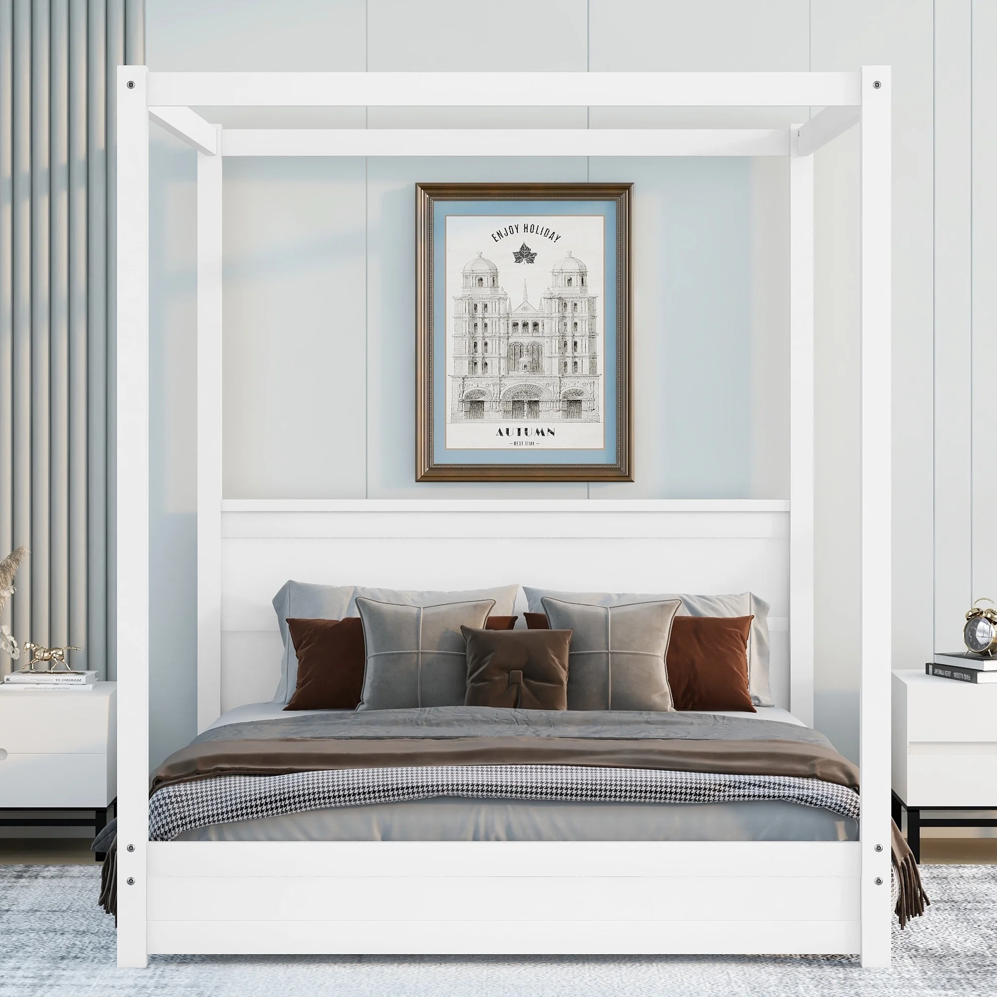 Adrinfly Queen Size Canopy Platform Bed with Headboard and Support Legs,White