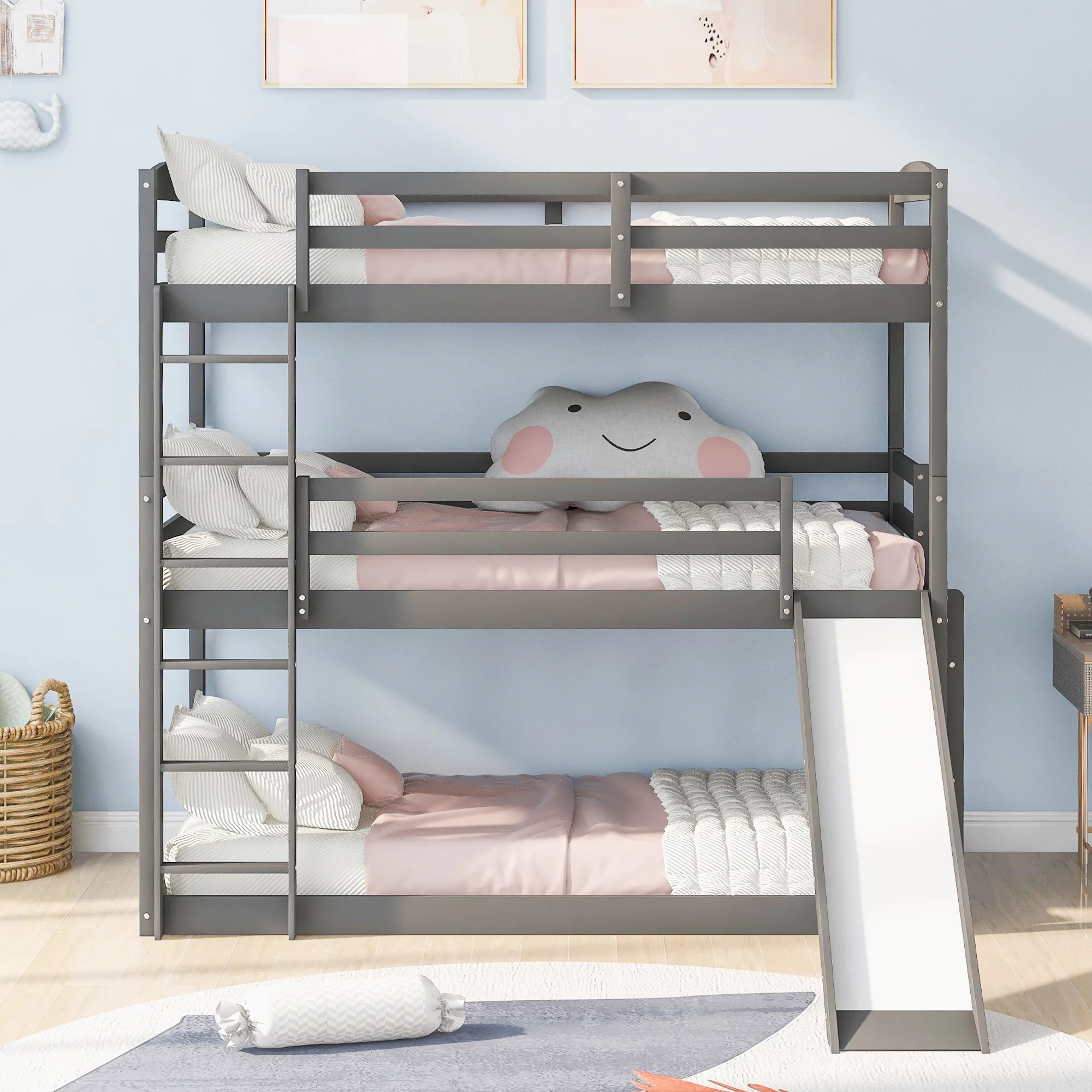 CoSoTower Twin over Twin over Twin Adjustable Triple Bunk Bed with Ladder and Slide,Gray