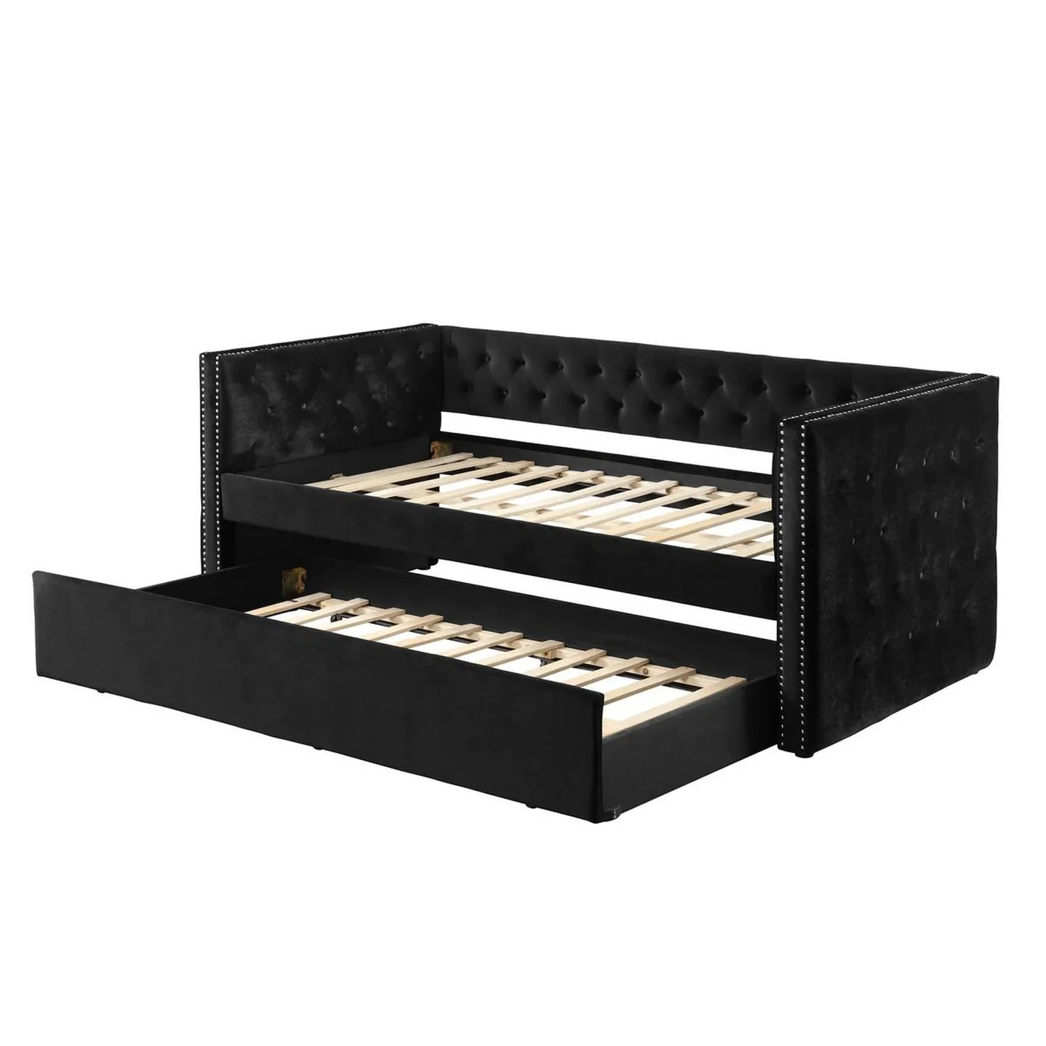 Benjara Trace Trundle Daybed, Black Fabric Upholstery, Chesterfield, Nailhead Trim