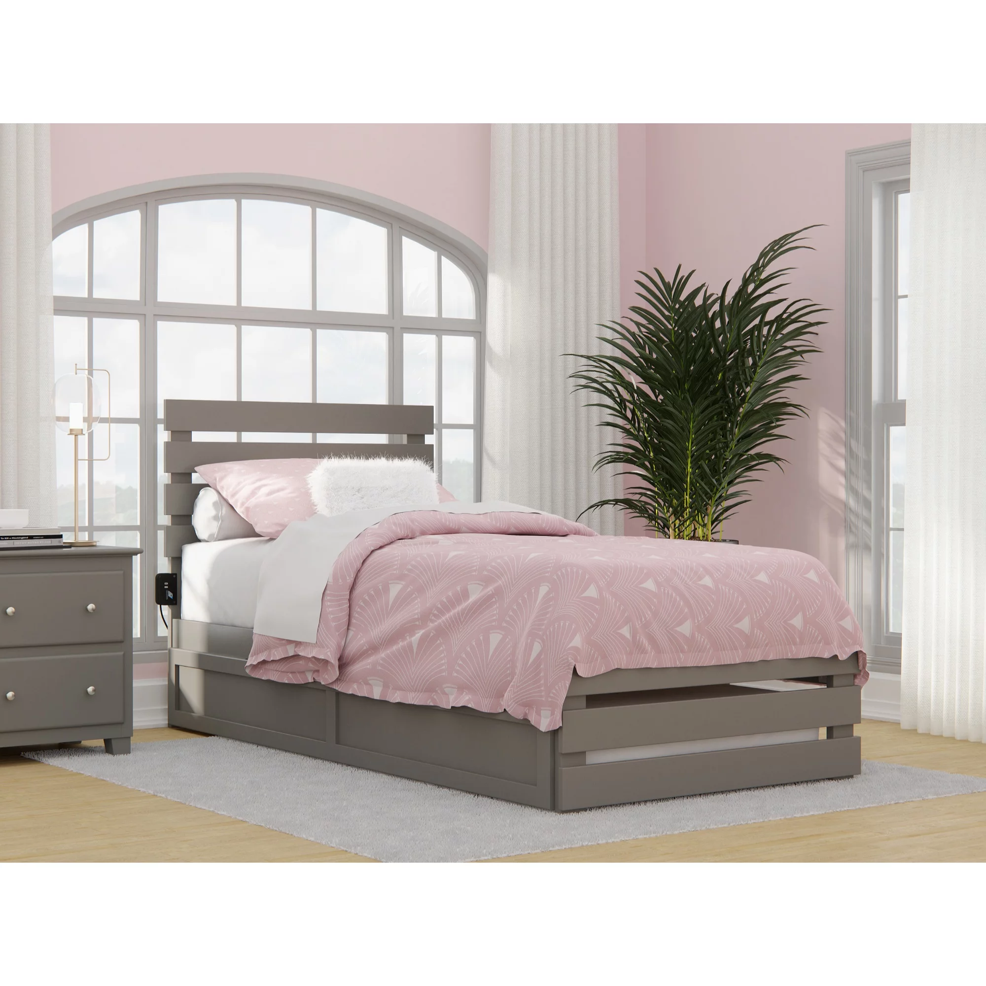 Oxford Twin Extra Long Bed with Footboard and USB Turbo Charger with Twin Extra Long Trundle in Grey