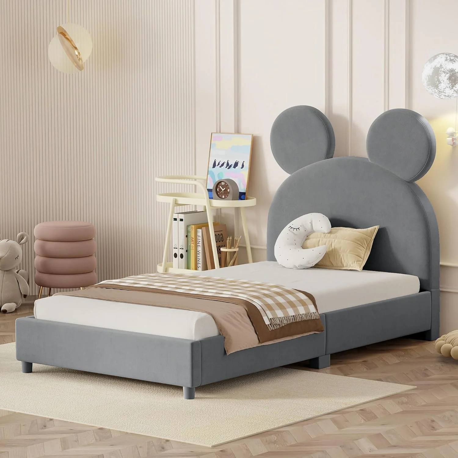 Size Upholstered Platform Bed With Bear Ear Shape Headboard, Small Platform Bed For Kids, Cute Platform Bed Frame, Grey