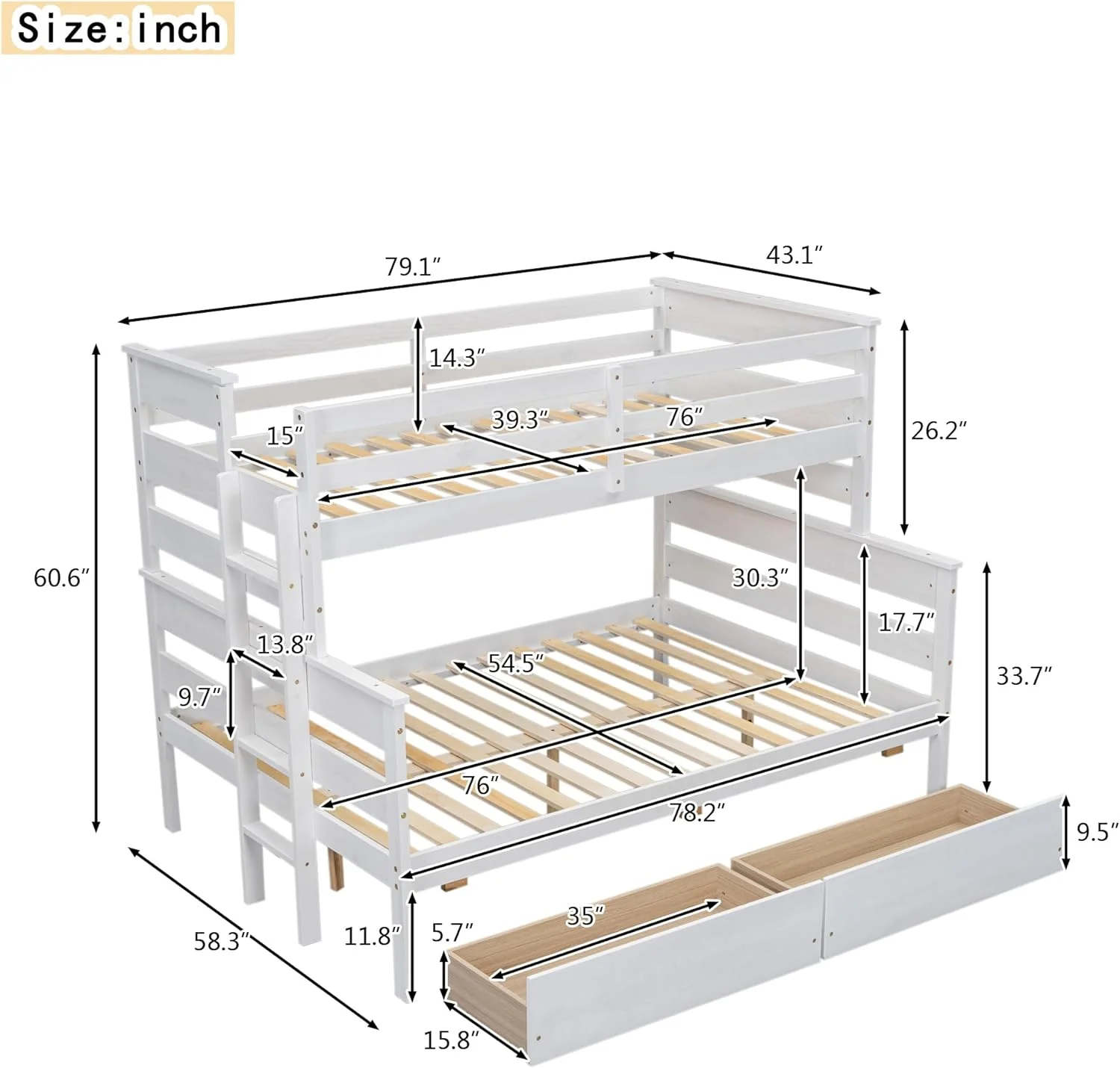 Over Full Buk Bed With Drawers, Wood Buk Bed Frame With Ladder, o Box Sprig eeded, White