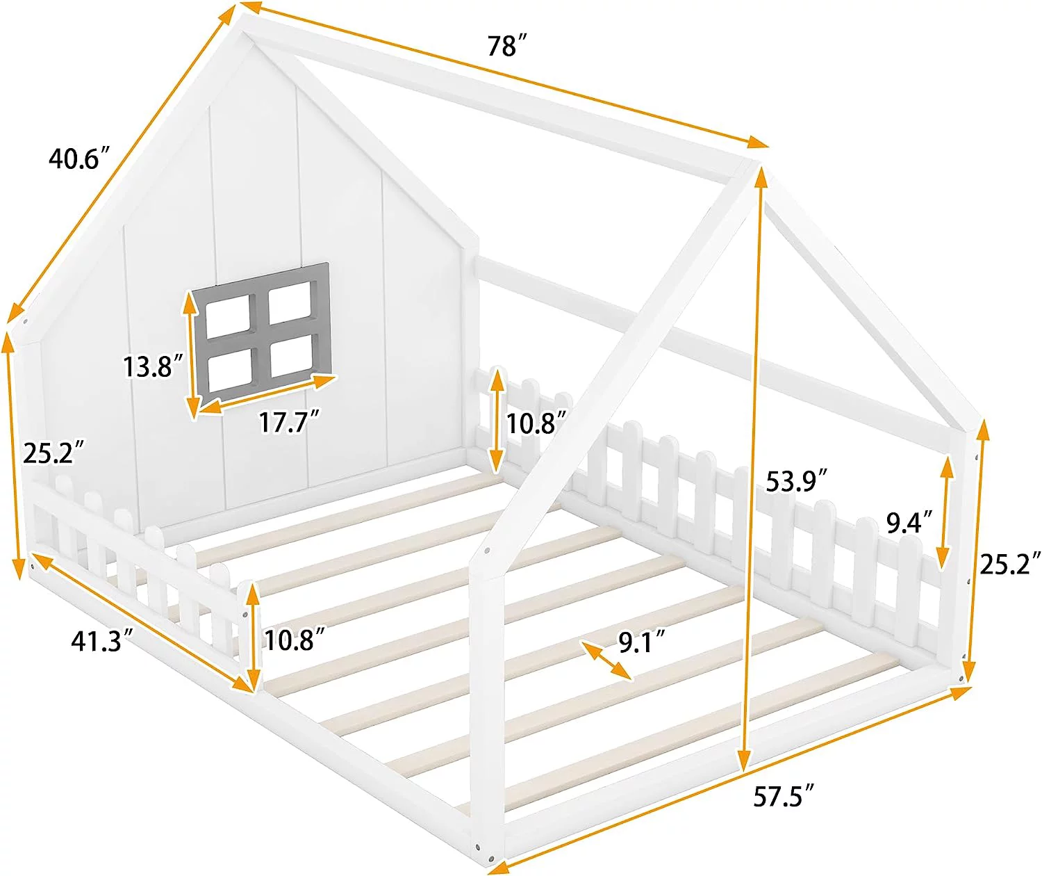 House Bed Full Size Floor Bed Wih Fece Railigs Ad Widow, Woode Moessori Floor Bed, Full Size Bed Frame For Kids, Fu Playhouse Beds For Girls Boys, Whie