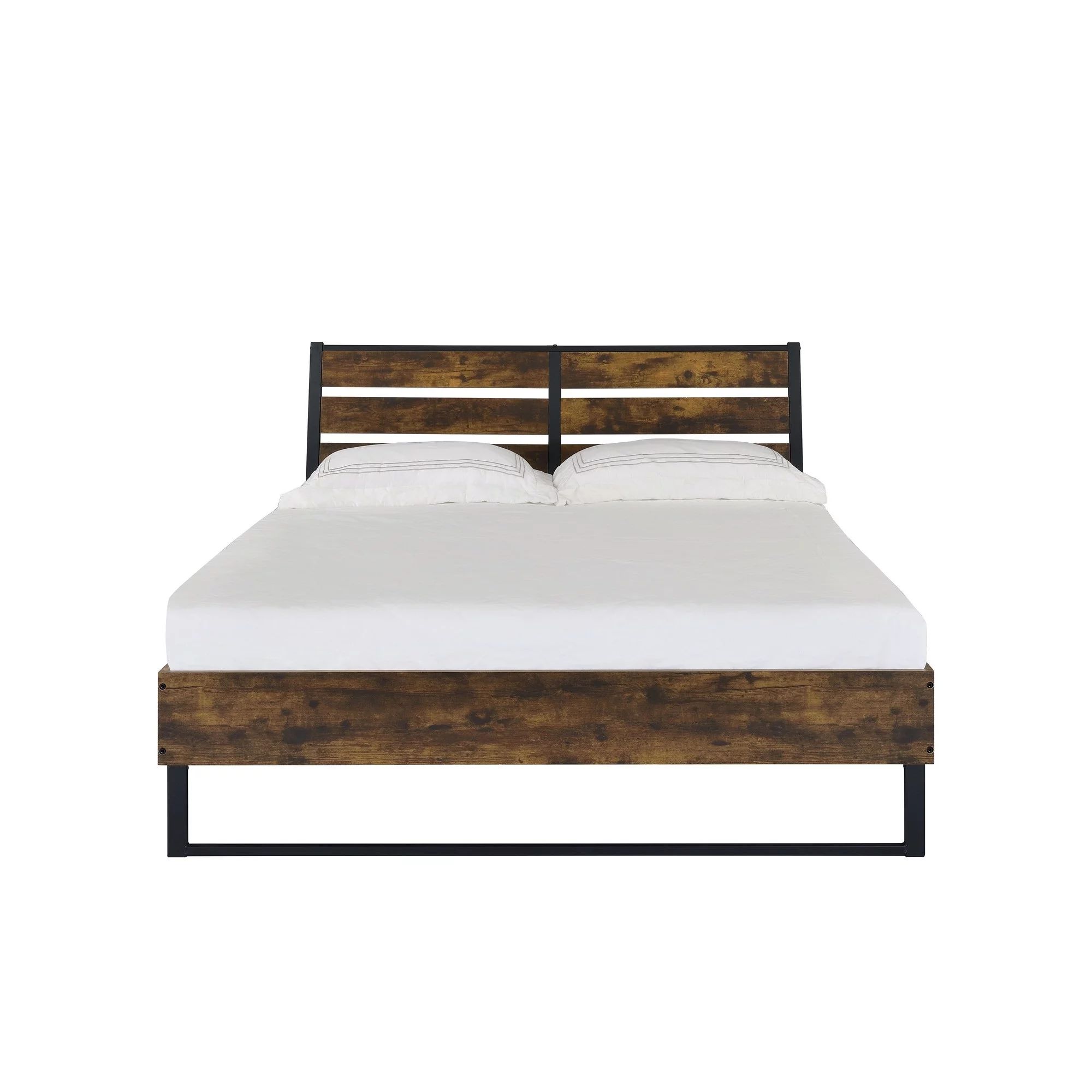 Queen Bed with Panel Headboard and Metal Slats, Brown and Black