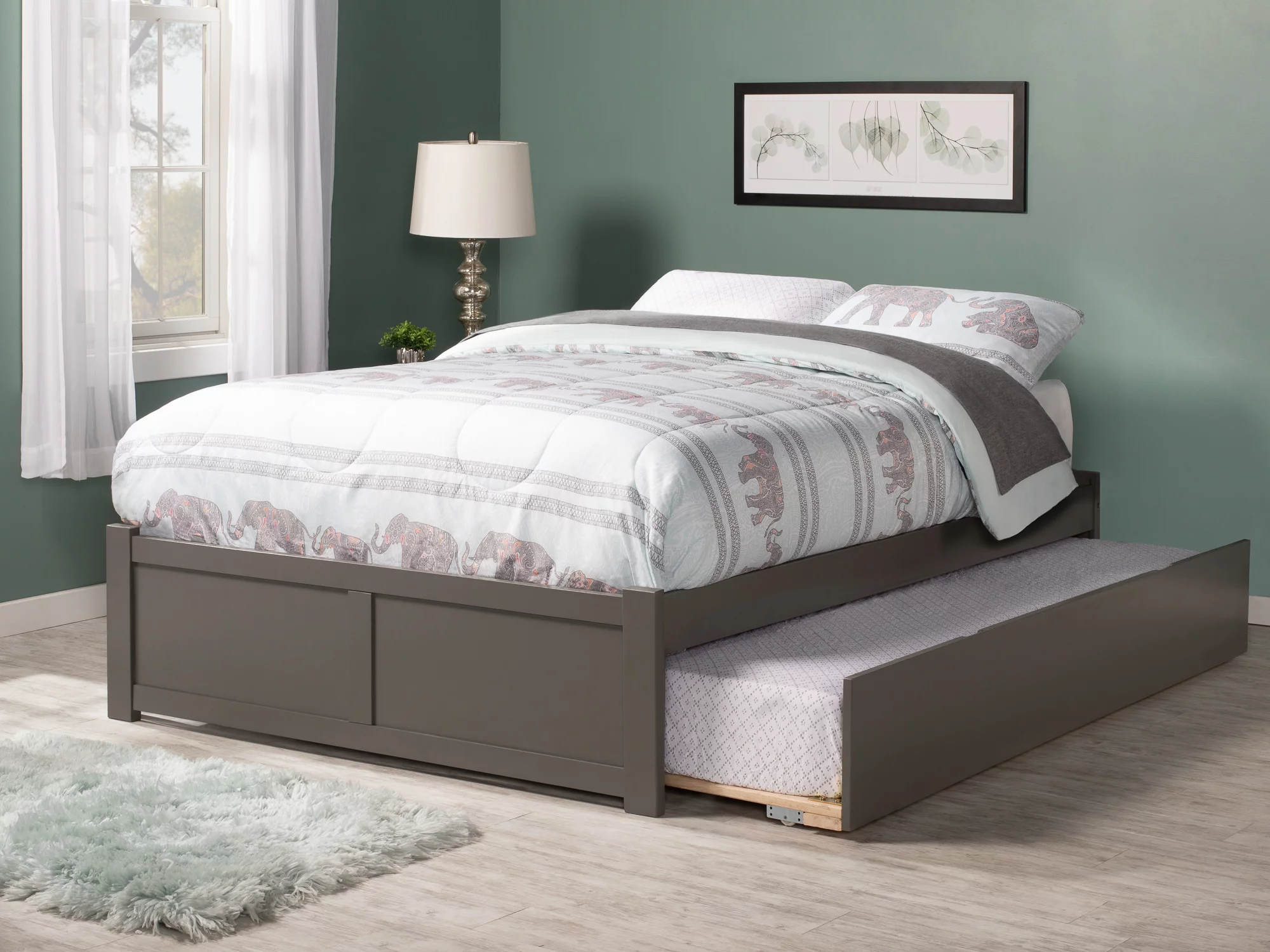 Concord Full Platform Bed with Flat Panel Foot Board and Full Size Urban Trundle Bed in Grey