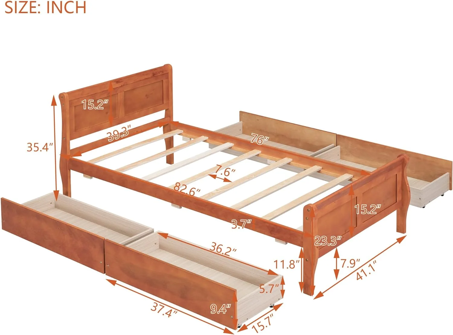 Wood Platform Bed, Size Platform Bed With 4 Storage Drawers, Platform Bed With Head Ad Footboard, Orage