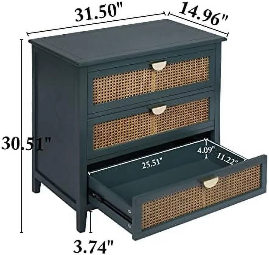 KHBIULIFE 3 Drawer Dresser Rattan Drawer Chest Modern Wood Chest of Drawers with Metal Handles Dresser for Bedroom Living Room Hallway Entryway (Green)