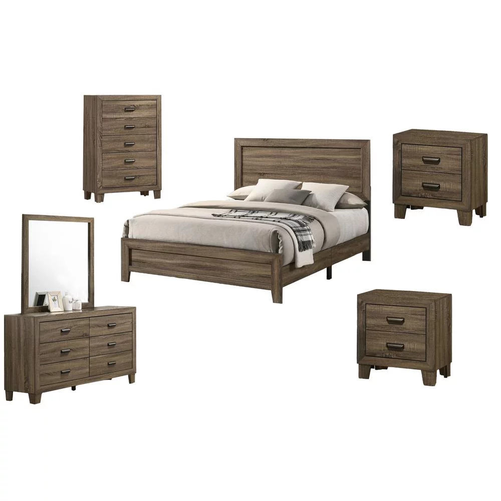 Dark Walnut Wood 6pc Bedroom Set with Bed+ Dresser+ Mirror+ 2 Nightstands+ Chest