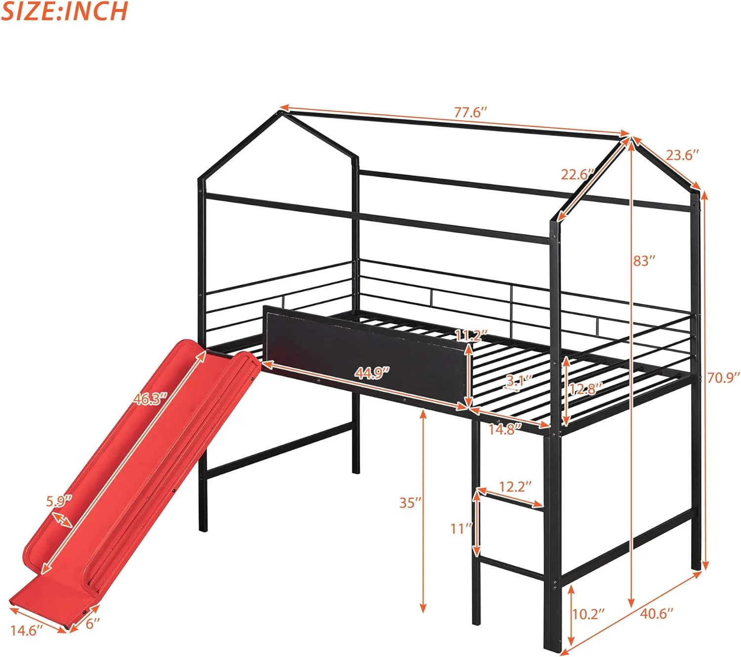 Metal Loft Bed With Slide, Graffiti Board And Ldder, Metal House Bed With Roof And Guardrail, Black+Red