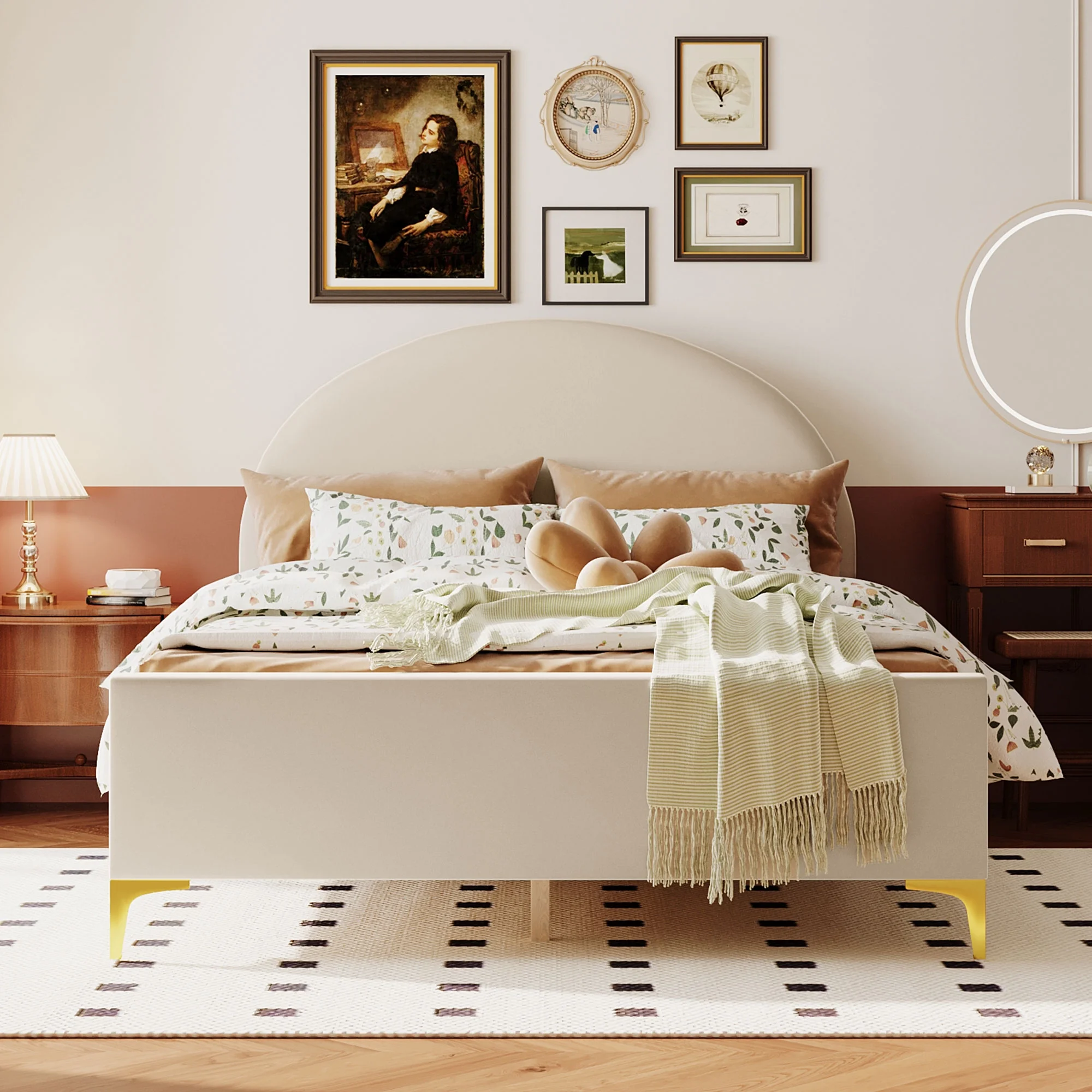CoSoTower Full Size Upholstered Platform Bed with Classic Semi-Circle Shaped Headboard and Mental Legs, Velvet, Beige