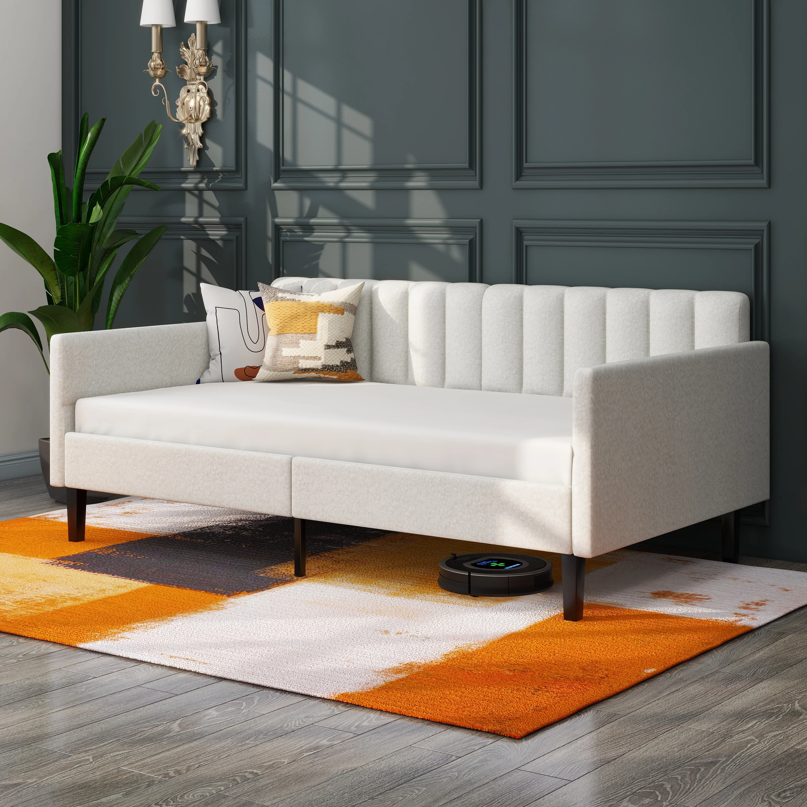 CoSoTower Twin Size Ivory Boucle Upholstered Daybed, Ribbed Tufted Backrest, Daybed in Lavish Modern Design, Richly Hued Foam Comfort