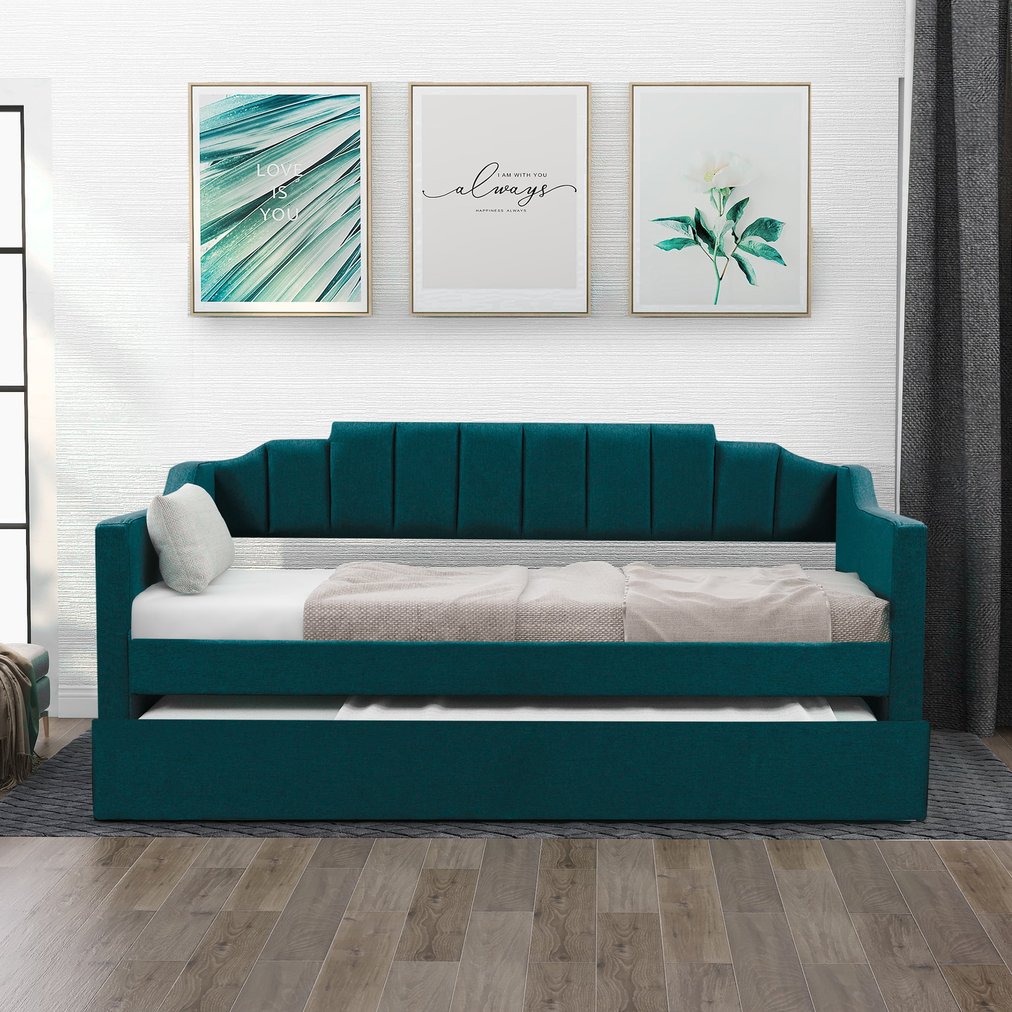 Euroco Modern Fabric Upholstered Twin Daybed with Trundle for Kids Bedroom, Green