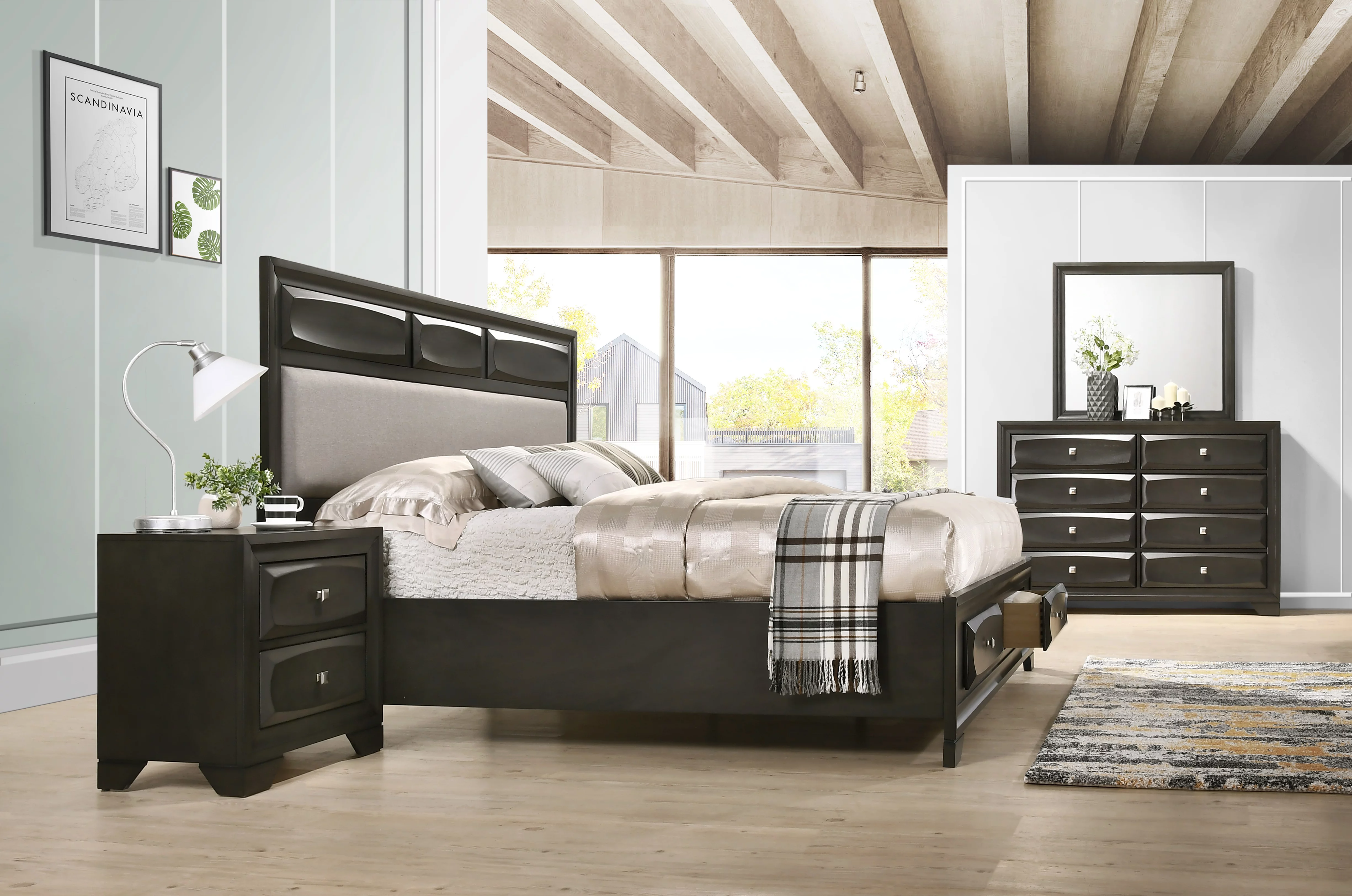Oakland Wood Bedroom Set with Storage Bed, Dresser, Mirror, Nightstand, Antique Gray Finish, Queen Size