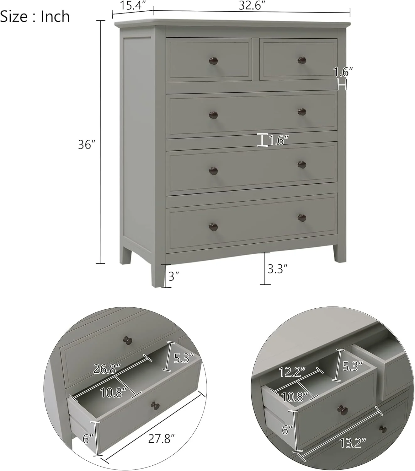 Modern 5 Drawers Dresser For Bedroom, Solid Wood Chest Of Drawers With Hooded Pulls, Storage Cabinet With Tapered Wood Legs For Living Room Hallway Entryway,Gray