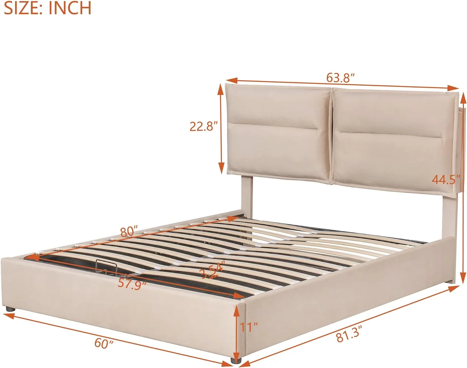Upholstered Platform Bed, Hydraulic Storage System, Queen Size, Pine Wood & Plywood Frame, Velvet BedHead