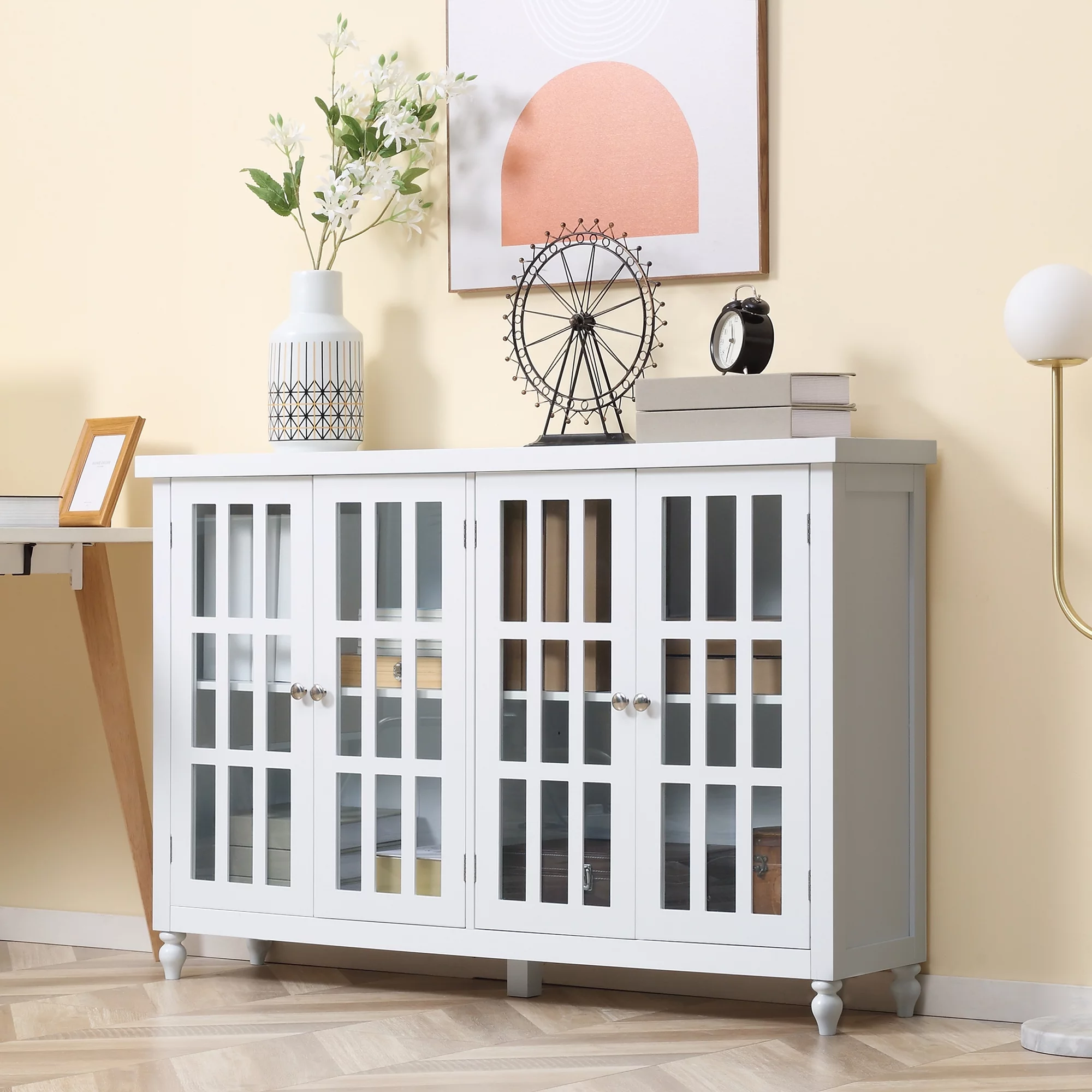 HOMCOM Sideboard, Buffet Cabinet with Storage, Adjustable Shelves, Credenza with 4 Glass Doors for Living Room, Study, White