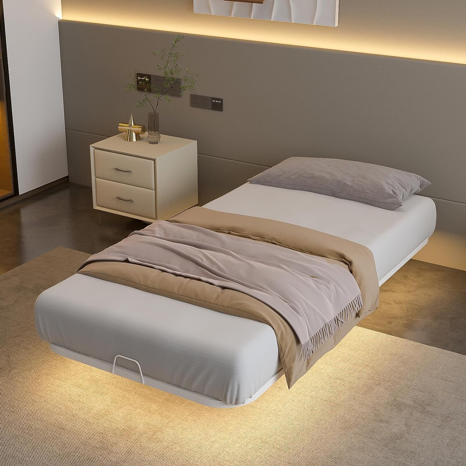 YINCHEN Floating Metal Bed Frame - Twin Size Modern Platform with Smart LED Lights, Heavy Duty Bed Mattress Foundation, No Box Spring Needed, Warm White