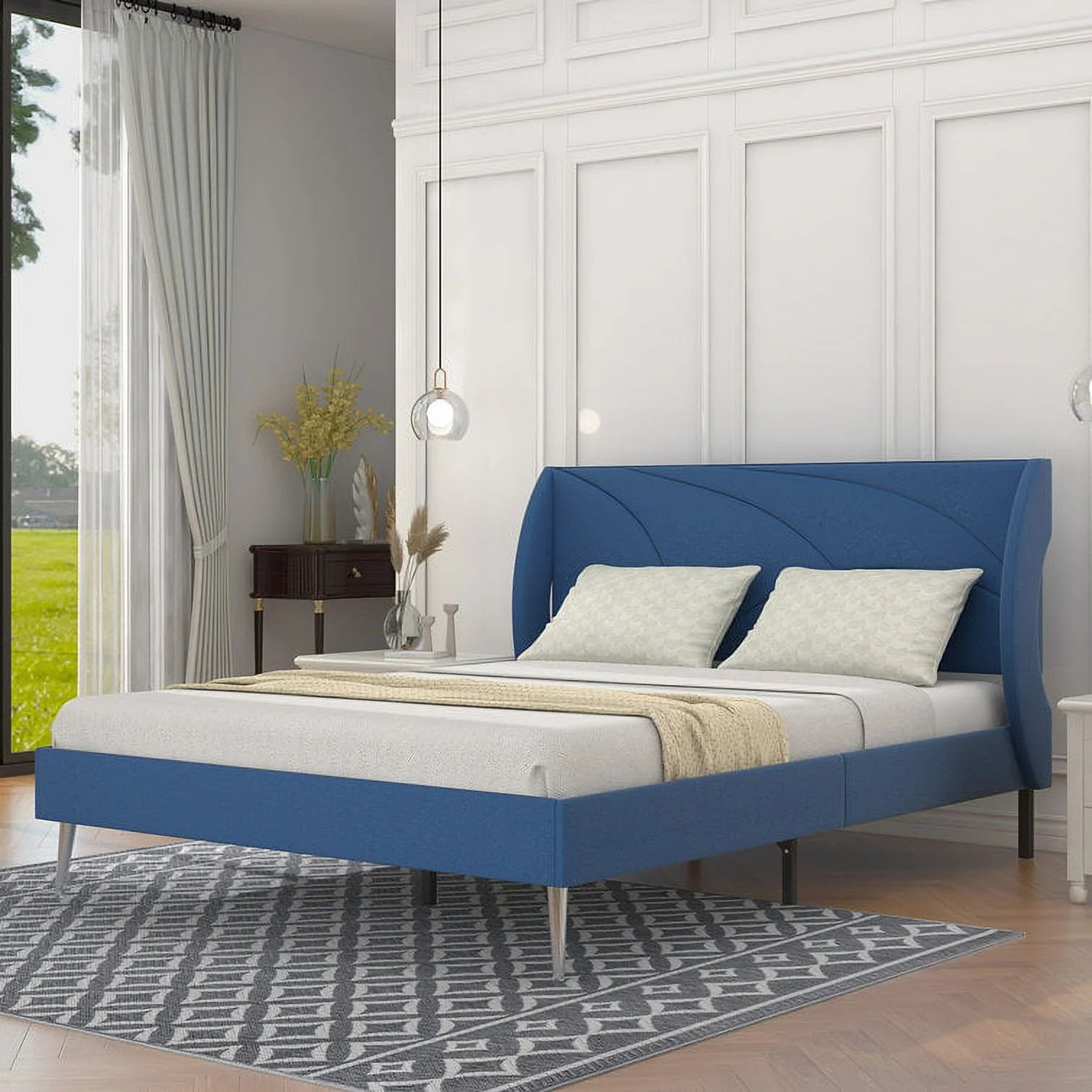 Tslinn Low Profile Upholstered Queen Bed Frame With Wing Headboard,Navy-Blue
