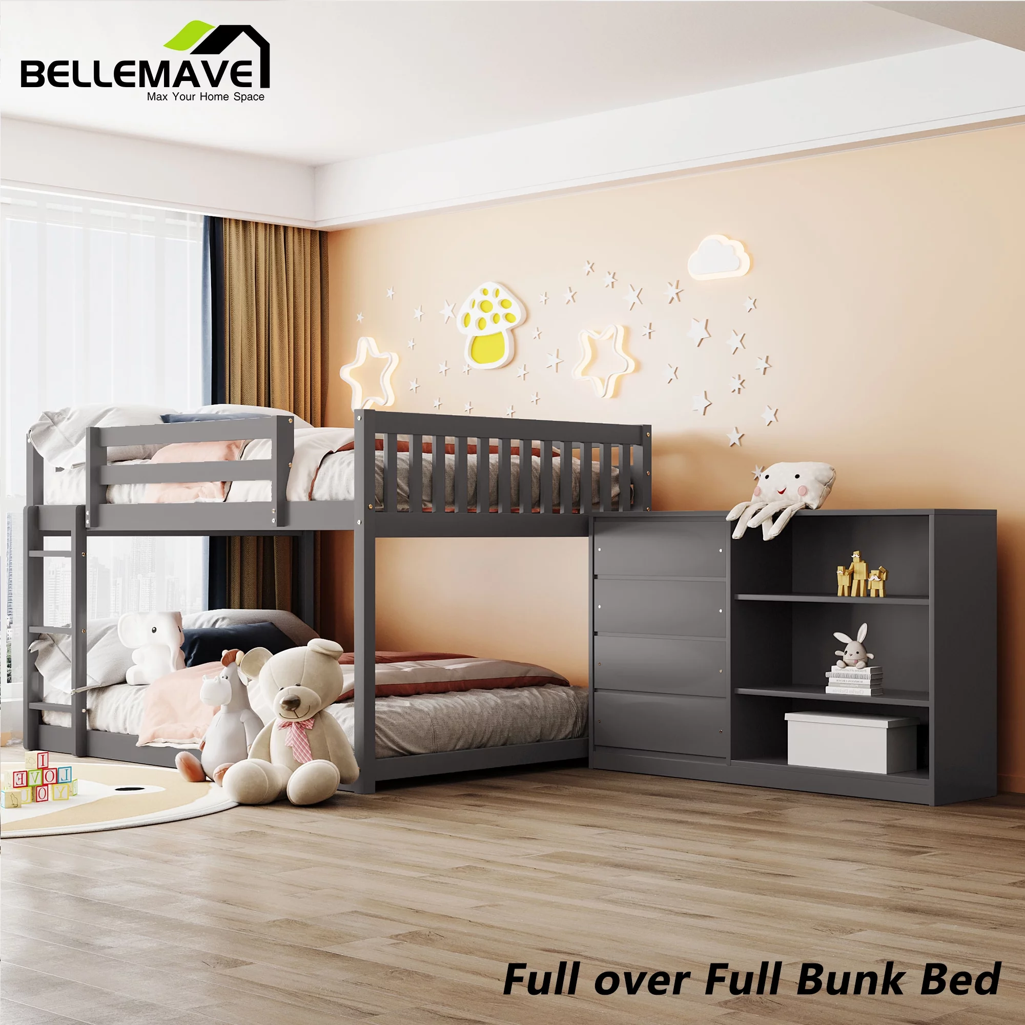 BELLEMAVE Full over Full Bunk Beds for Kids, Full Size Bunk Bed with Storage Cabinet, Ladder and Guardrail, Low Bunk Bed for Kids, Girls,Boys(Gray)