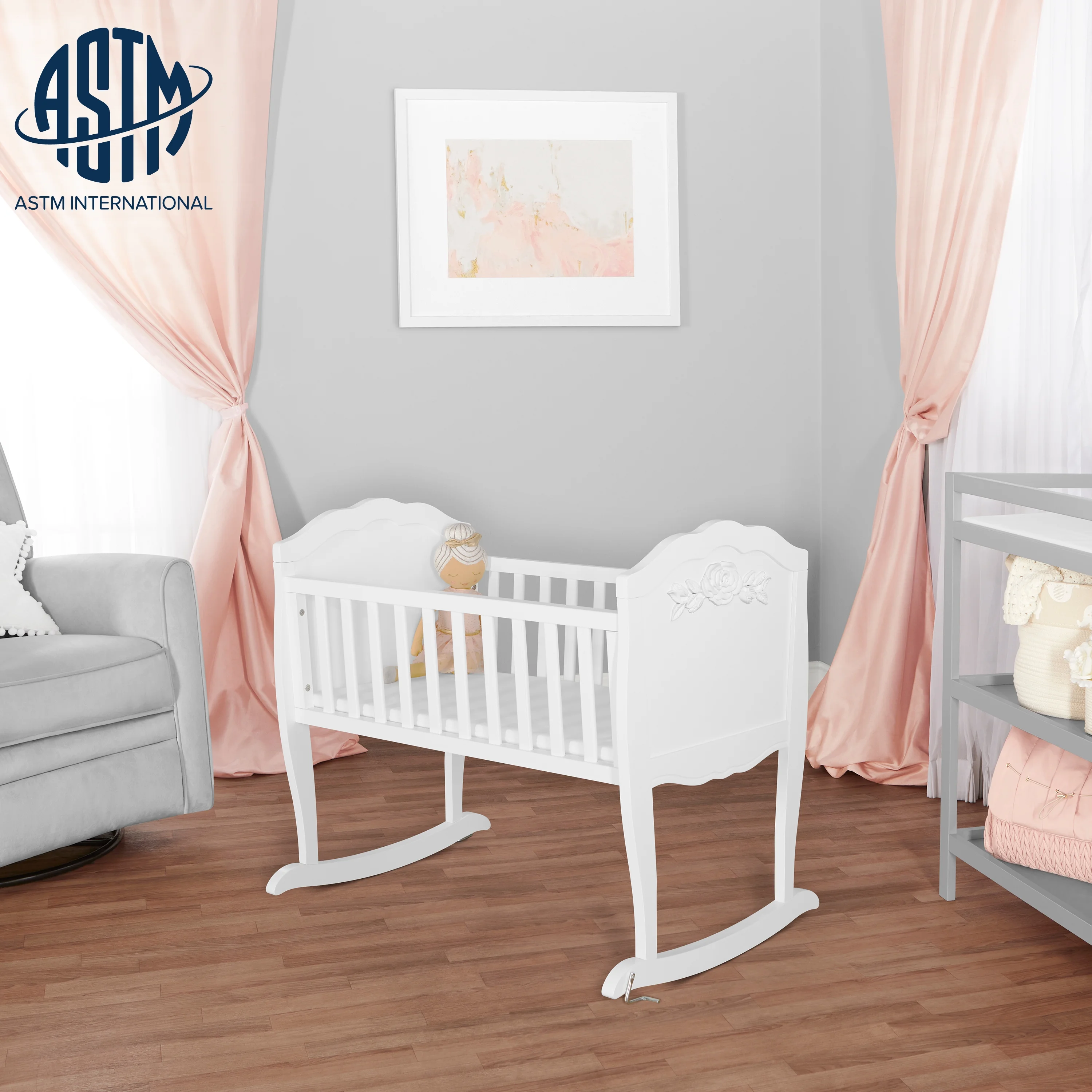 Dream On Me Jasmine Cradle in White, JPMA Certified, Stationary and Rocking Cradle