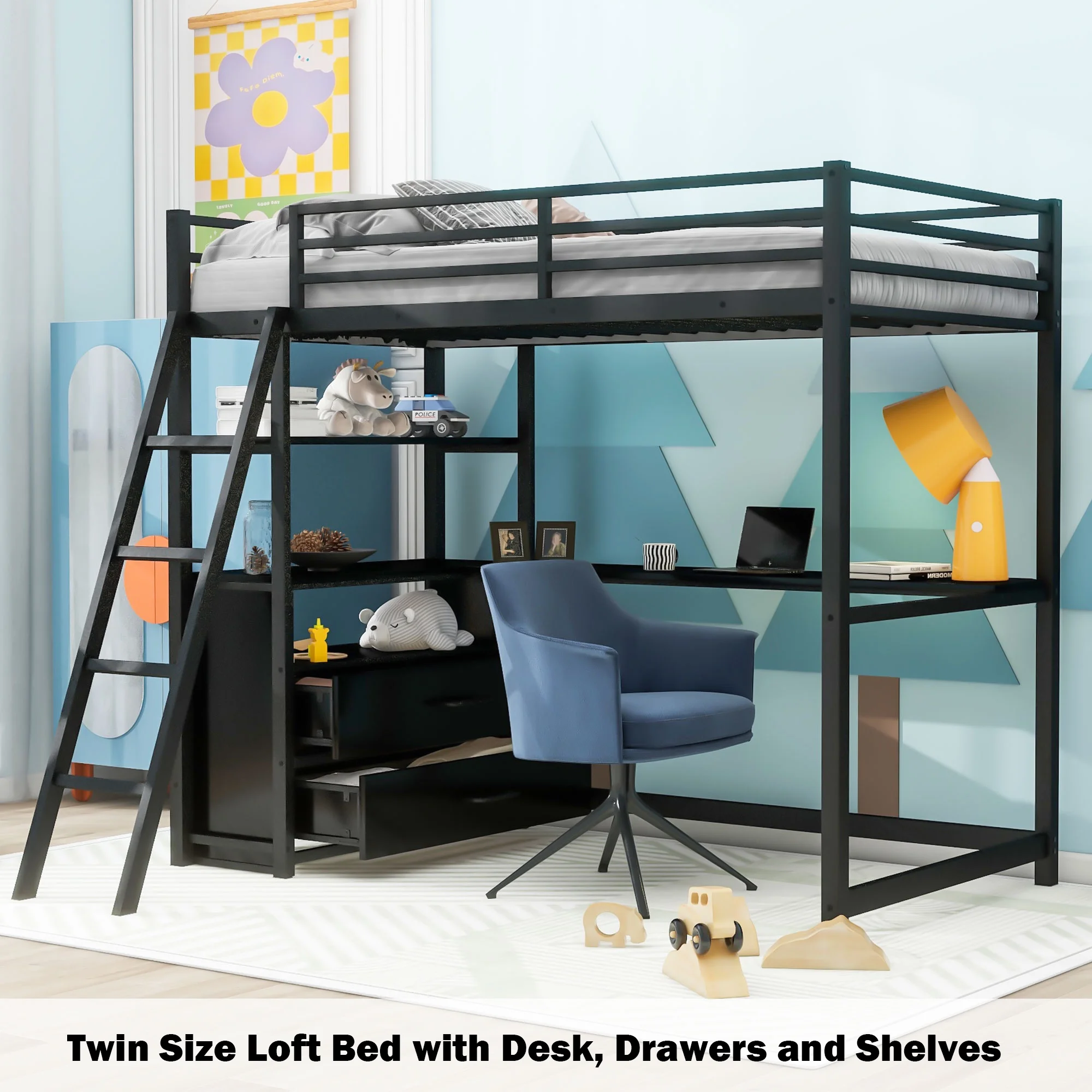 Bellemave Twin Loft Bed with Desk and Storage Metal Loft Bed Frame with Drawers and Shelves Space Saving All-in-One Loft Bed for Work and Study Twin Loft Bed for Kids, Student, Teens, Black