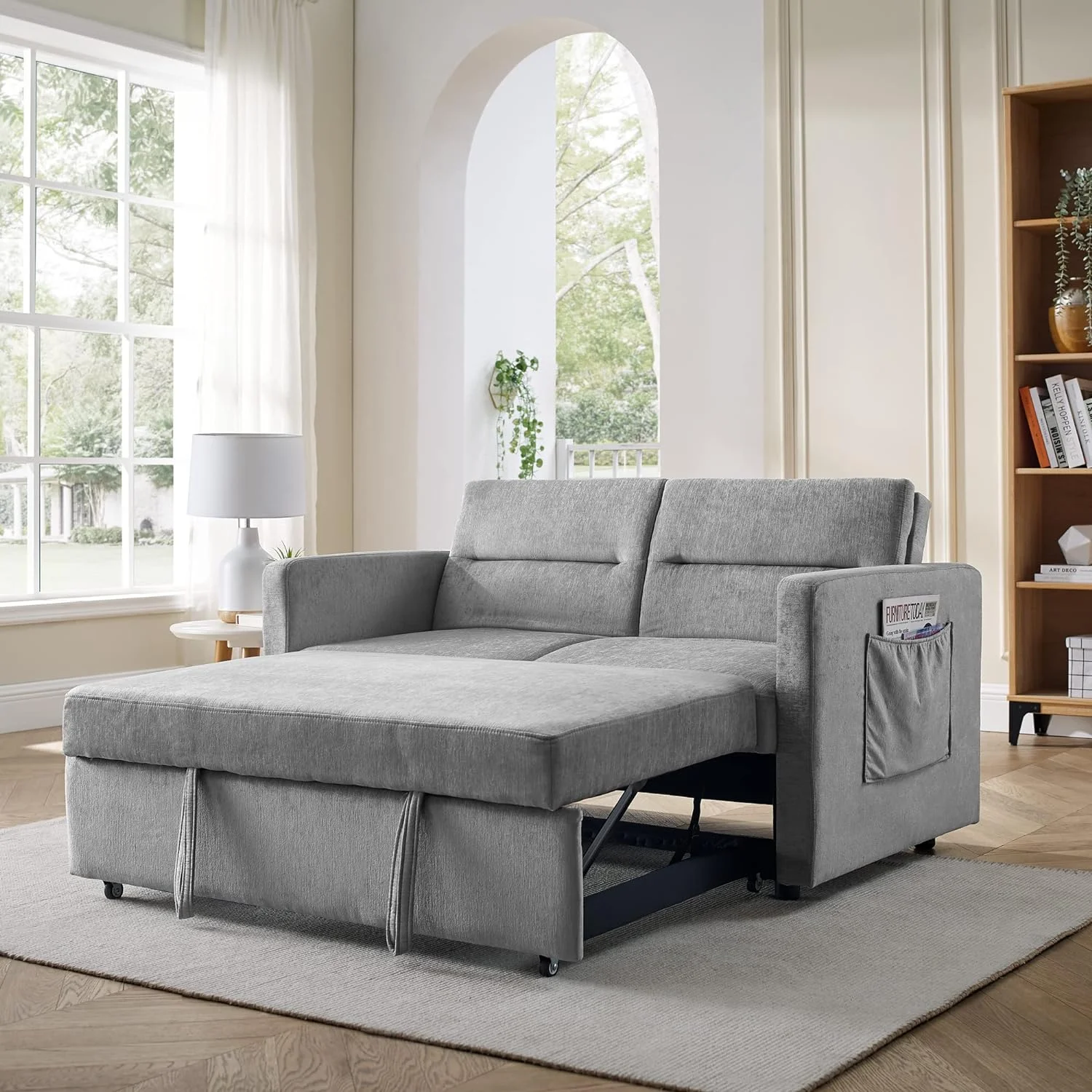 Modern Convertible Sleeper Sofa Bed With Two Arm Pockets, Fabric Sofa W/Pull-Out Bed Loveseat Sofa Couch And Adjustable Back For Living Room (Grey)