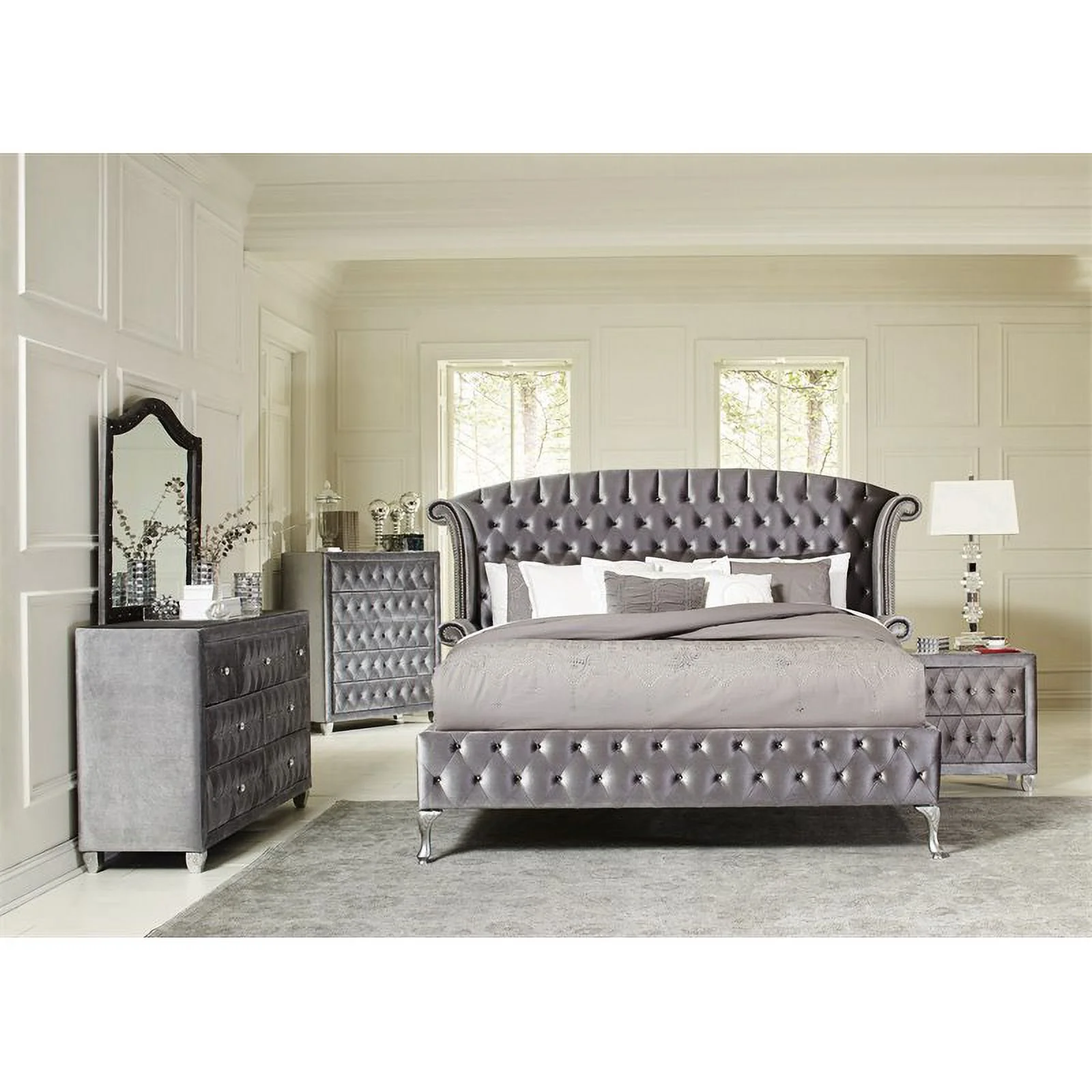 Pemberly Row 5-piece Queen Velvet Upholstered Tufted Bedroom Set in Gray