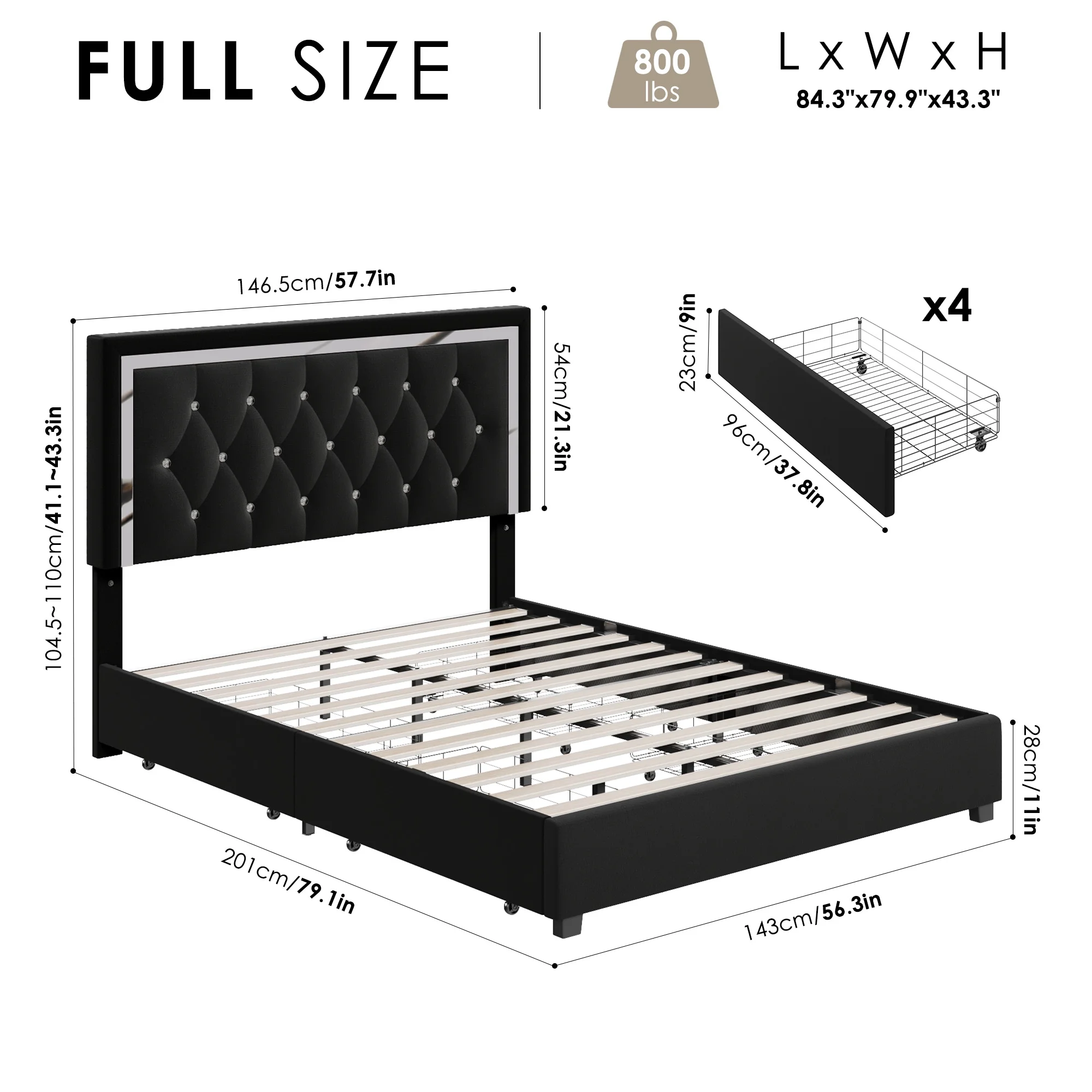 Homfa Full Size Storage Bed with 4 Drawers, Crystal Buckle Upholstered Platform Bed Frame with Adjustable Headboard for Bedroom, Black
