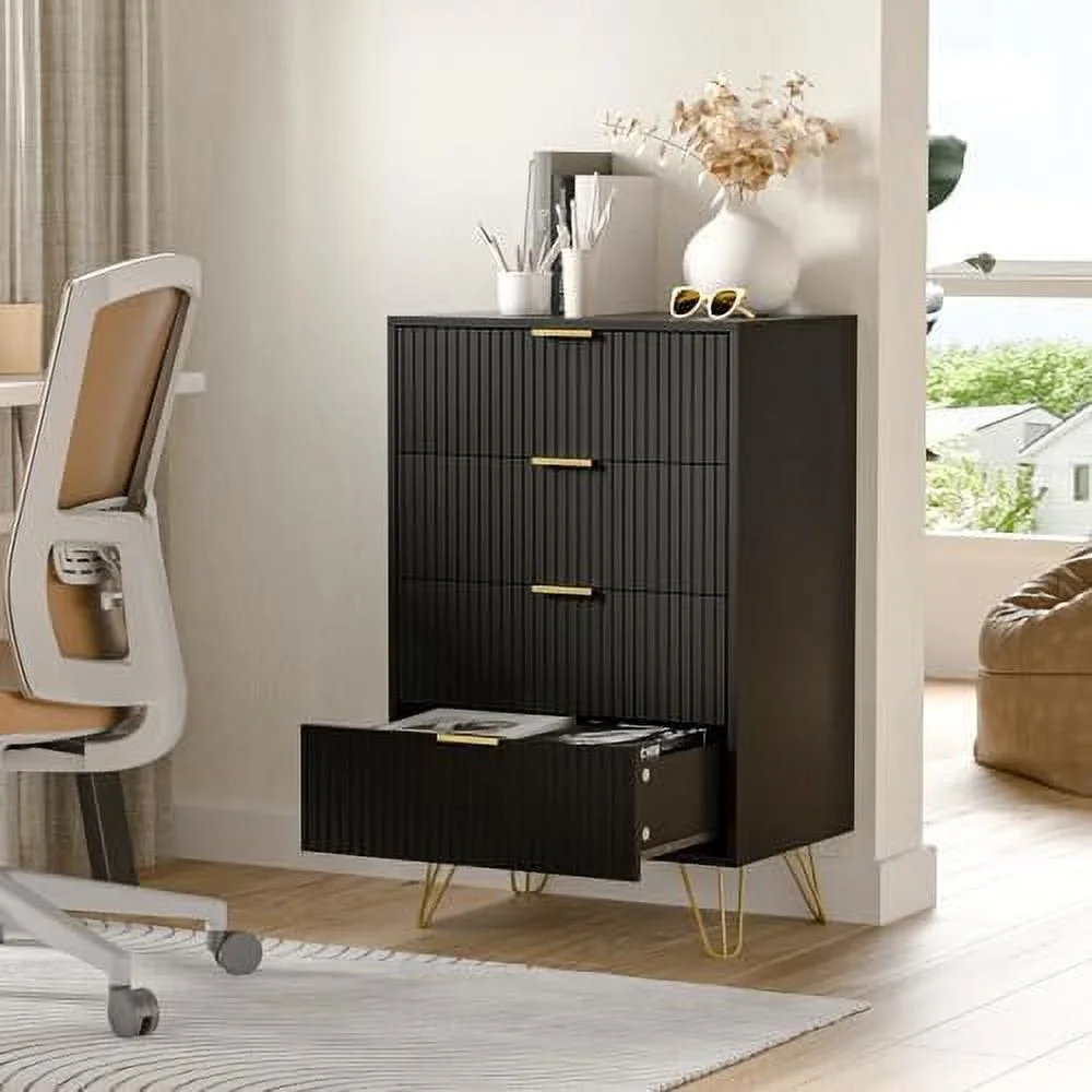 NLIBOOMLife Black Dresser Modern 6-Drawer Dresser for Bedroom with Gold Handles Wide Chest of Drawers for Living Room