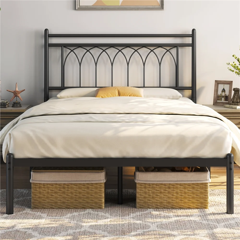 Renwick Modern Metal Platform Bed with Petal Accented Headboard, Full, Black