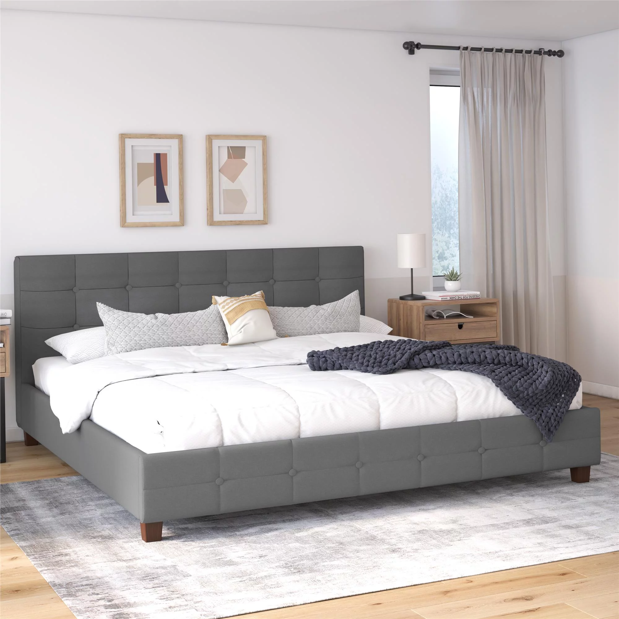 DHP Rose Tufted Upholstered Platform Bed Frame, King, Gray Linen
