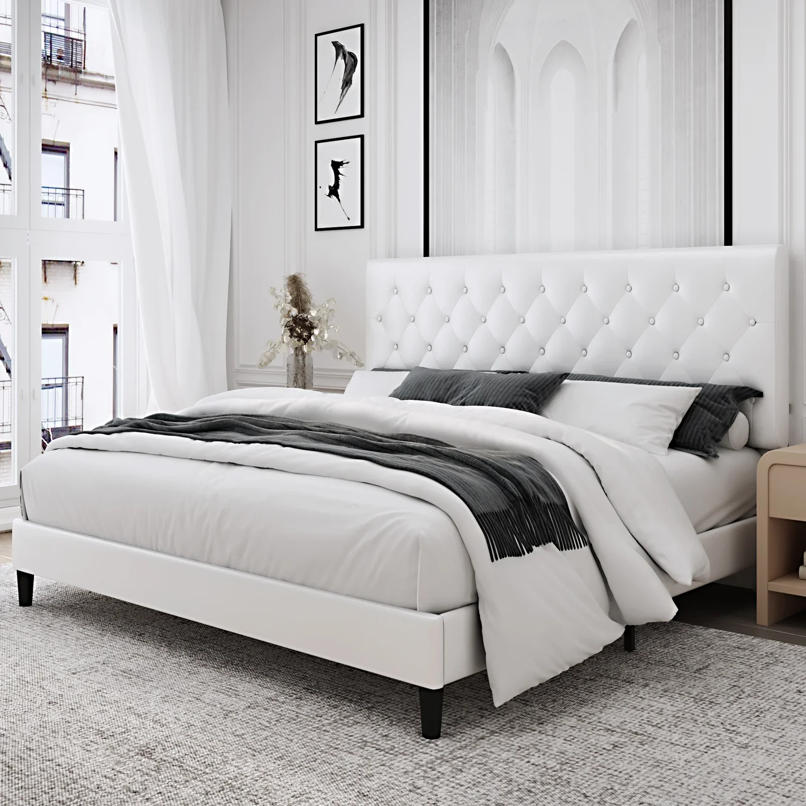 Homfa King Bed Frame, White Faux Leather Upholstered Button Tufted Low Profile Platform Bed Frame with Adjustable Headboard for Bedroom