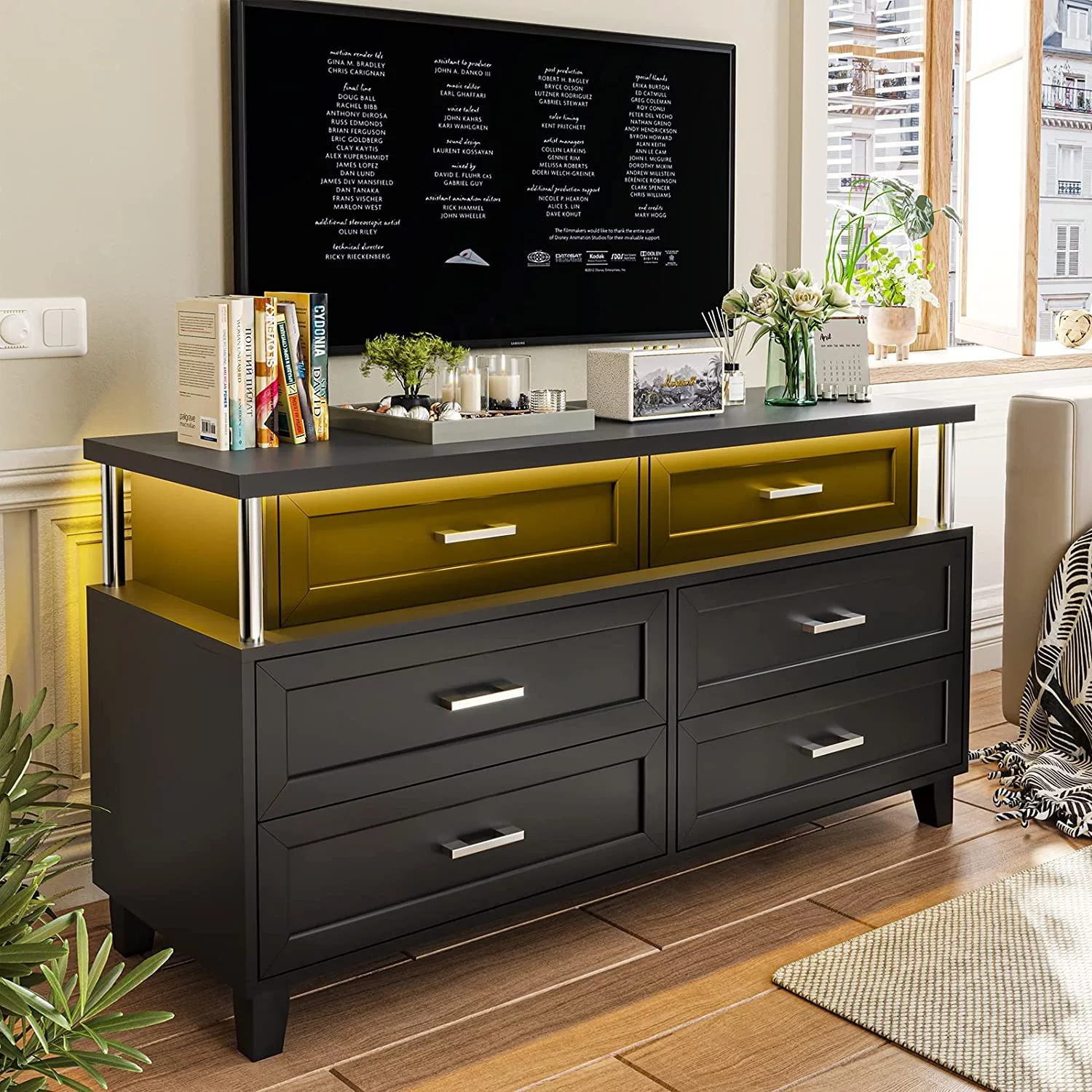 Tiptiper 6 Drawer Dresser for Bedroom,, Modern Chest of Drawers, Wood Dresser with LED Light, Black