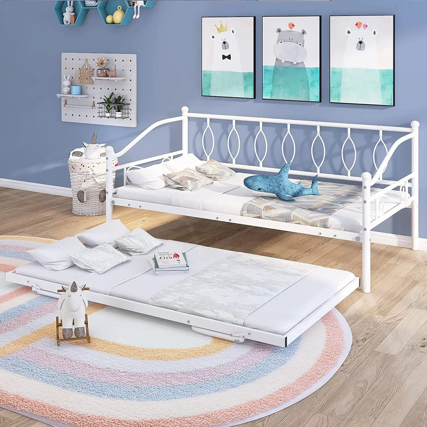 MERAX Metal Daybed with Twin Size Portable Folding Trundle White Twin