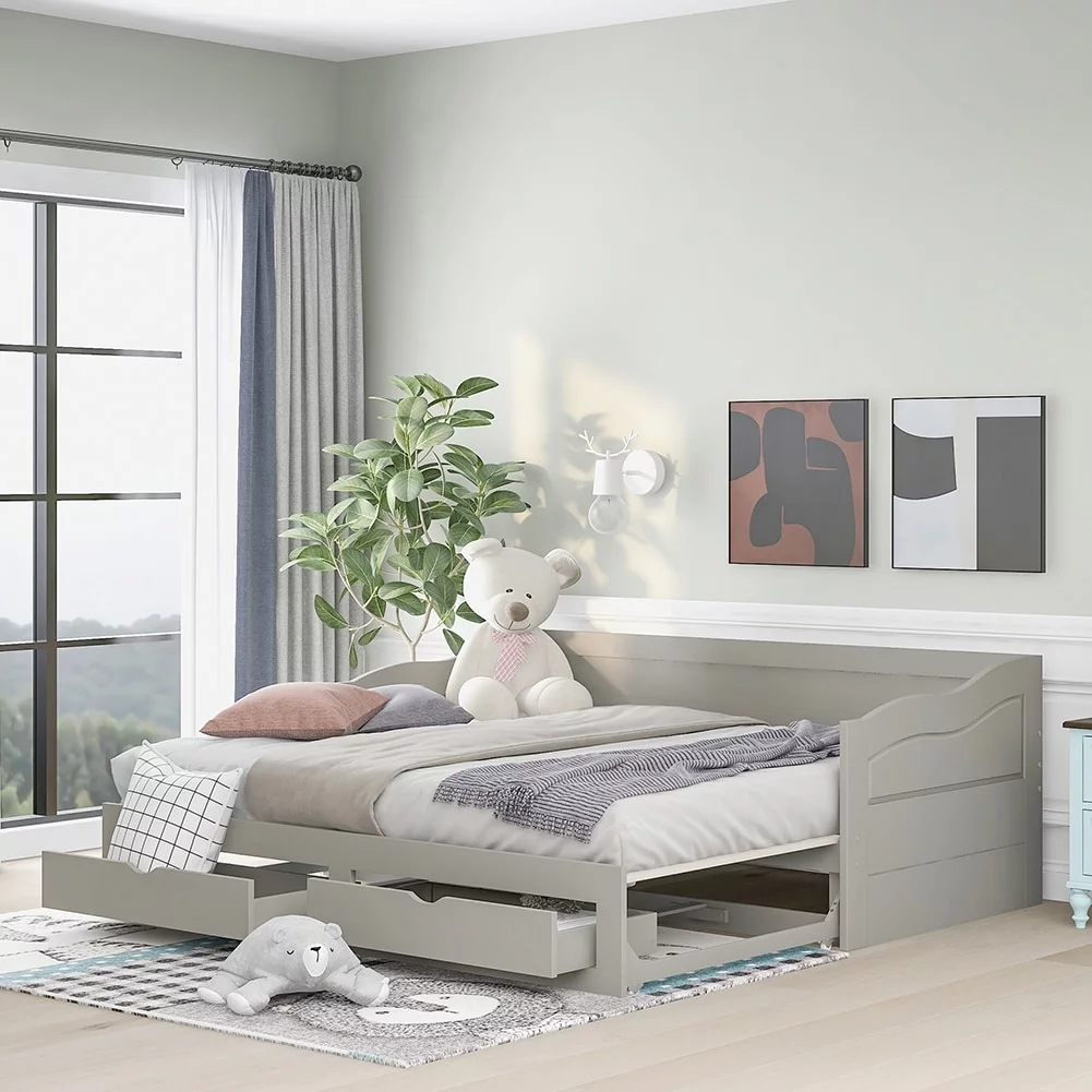 Extendable Daybed with Trundle Bed and Two Storage Drawers