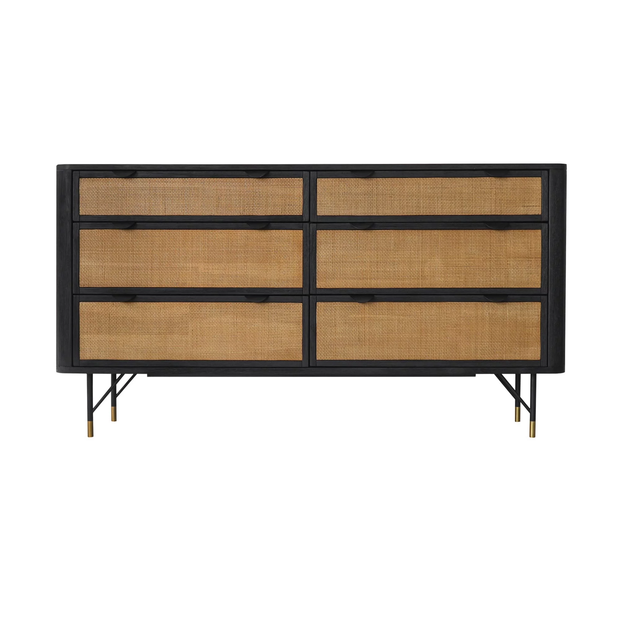 Theo 61 Inch Acacia Wood Dresser, 6 Bin Drawers, Rattan Fronts, Black