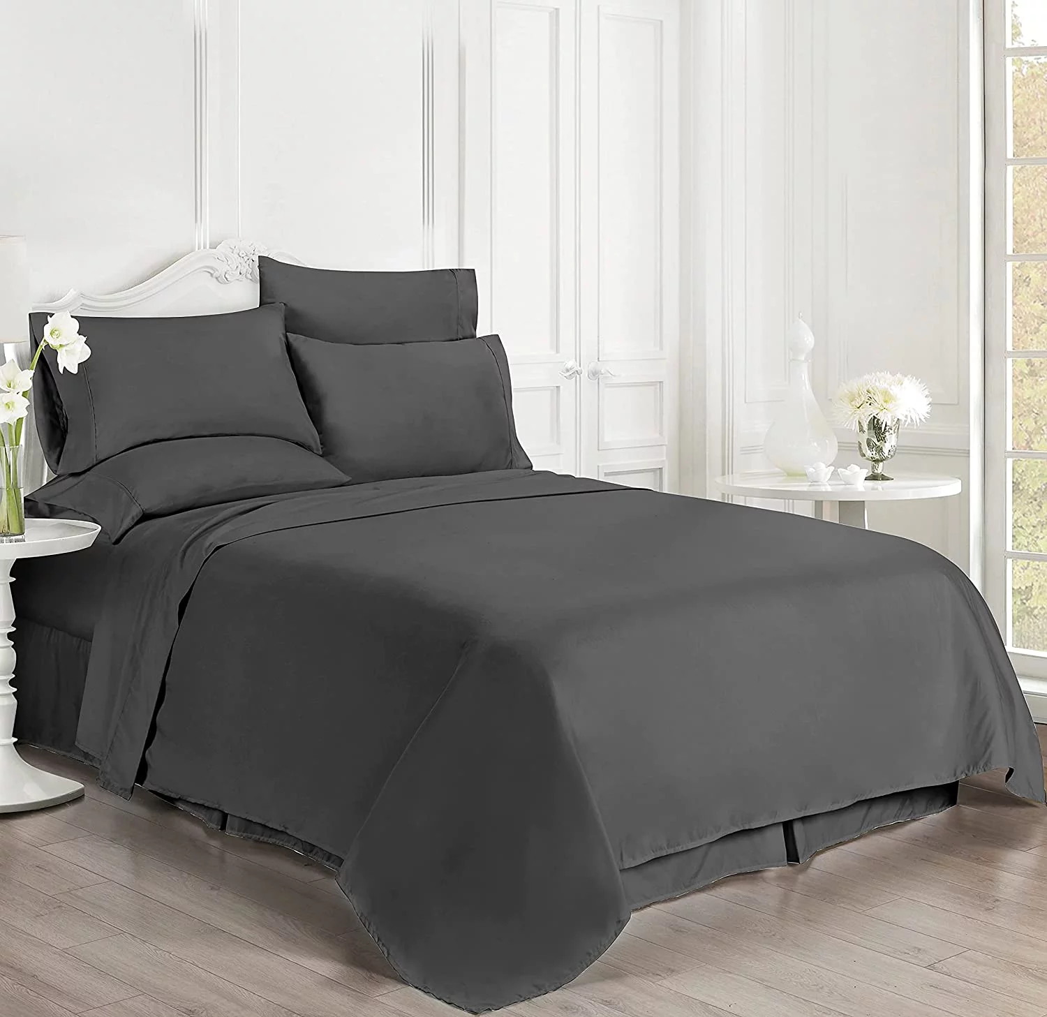 6 Piece Bed Sheet Set - 15 Inch Deep Pocket - 600 Thread Count - 100% Egyptian Cotton - Extra Soft and Luxury - Dark Gray Solid, Twin XL Size.