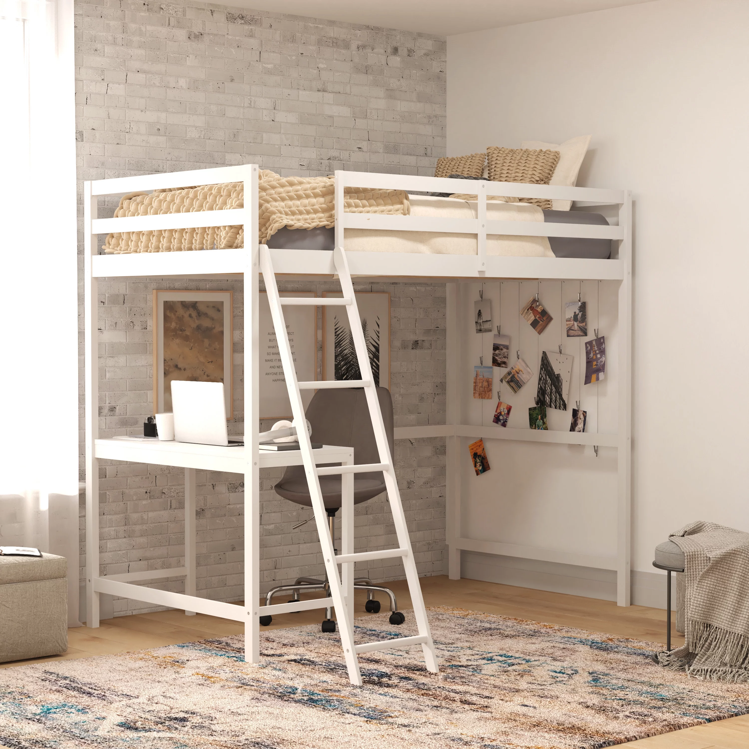 Flash Furniture Riley Loft Bed Frame with Desk, Twin Size Wooden Bed Frame with Protective Guard Rails & Ladder for Kids and Teens - White