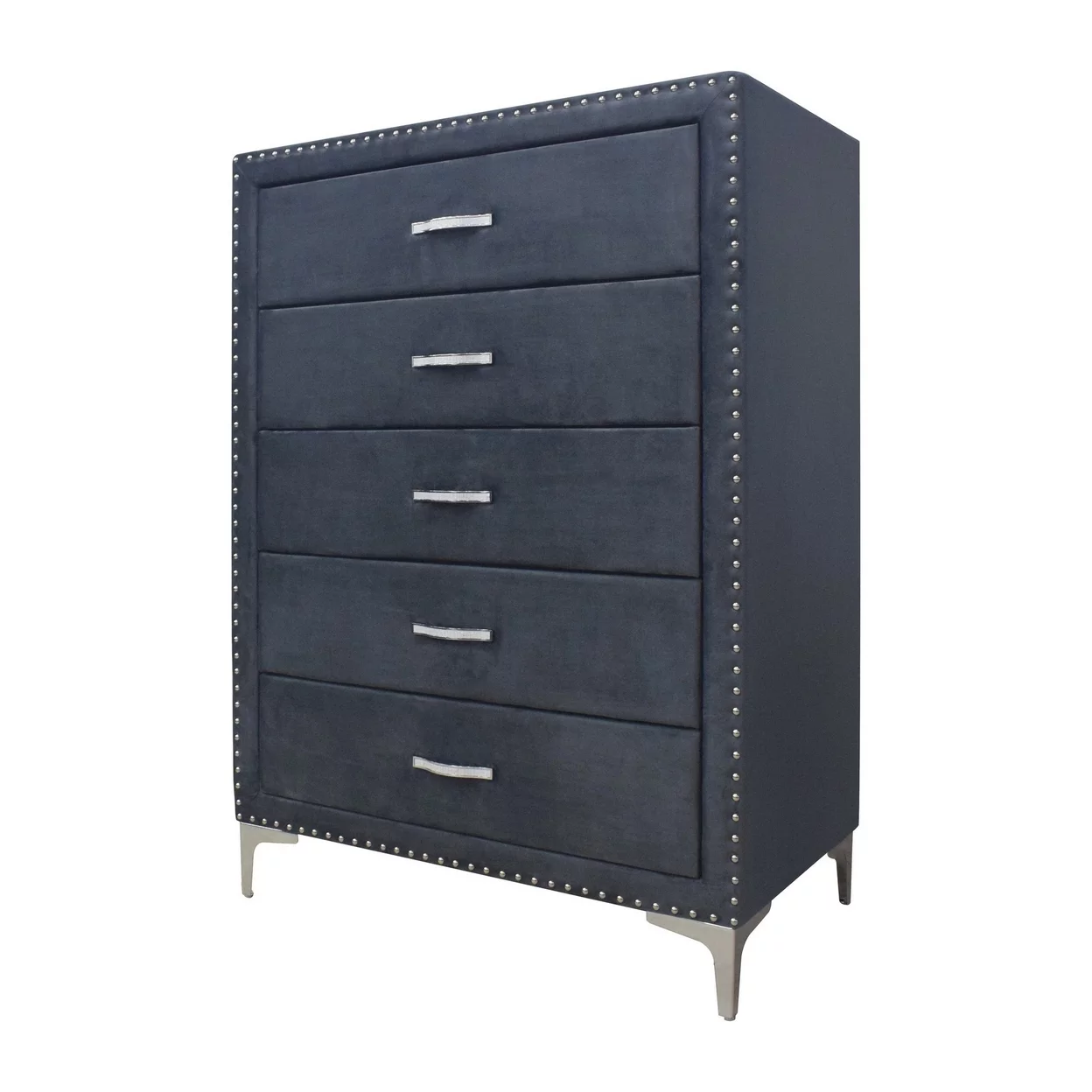 Moha 50 Inch Tall 5 Drawer Dresser Chest, Glass Top Gray Velvet Upholstered- Saltoro Sherpi