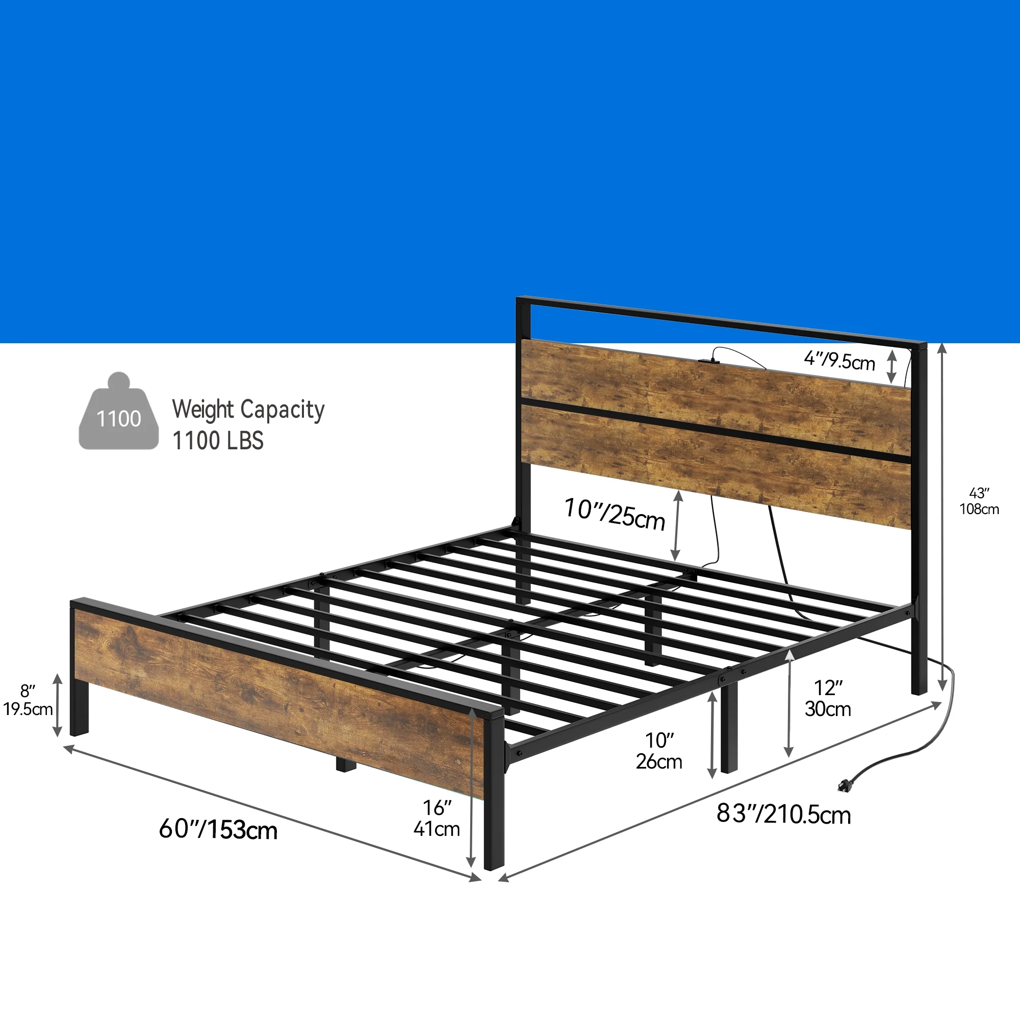 Dextrus LED Bed Frame with Storage and Charging Convenience, Queen Size Bed Frame No Box Spring Needed, Vintage Brown