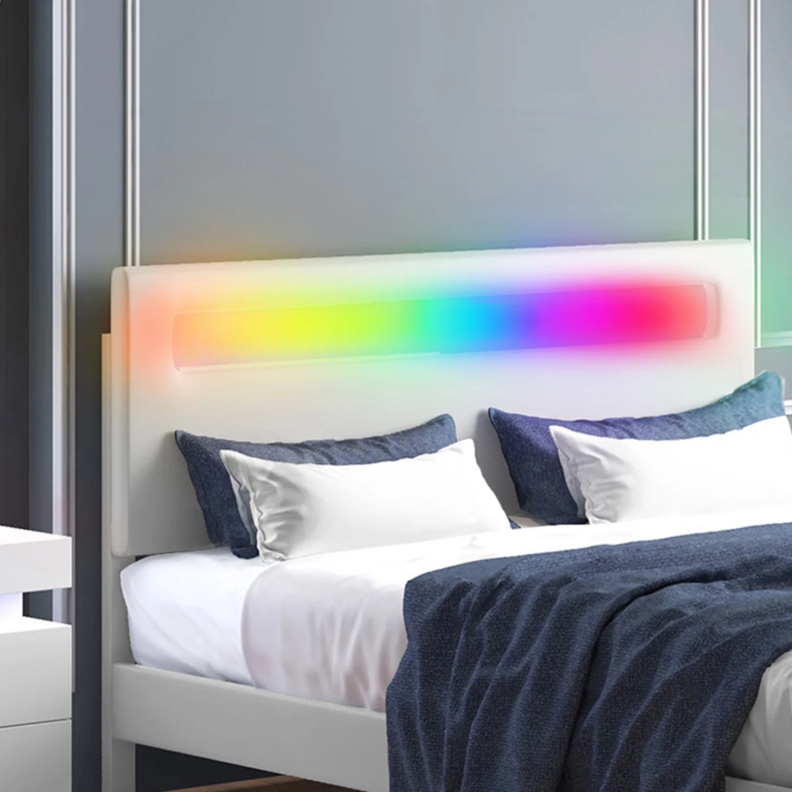 ZAFLY Platform Bed Frame with Smart RGB LED Light Bar, Queen Size Bed Frame with Headboard, Works with Alexa or Apps, Upholstered Bed Frames Adjustable Lighting Effects/ No Mattress (Queen, White)