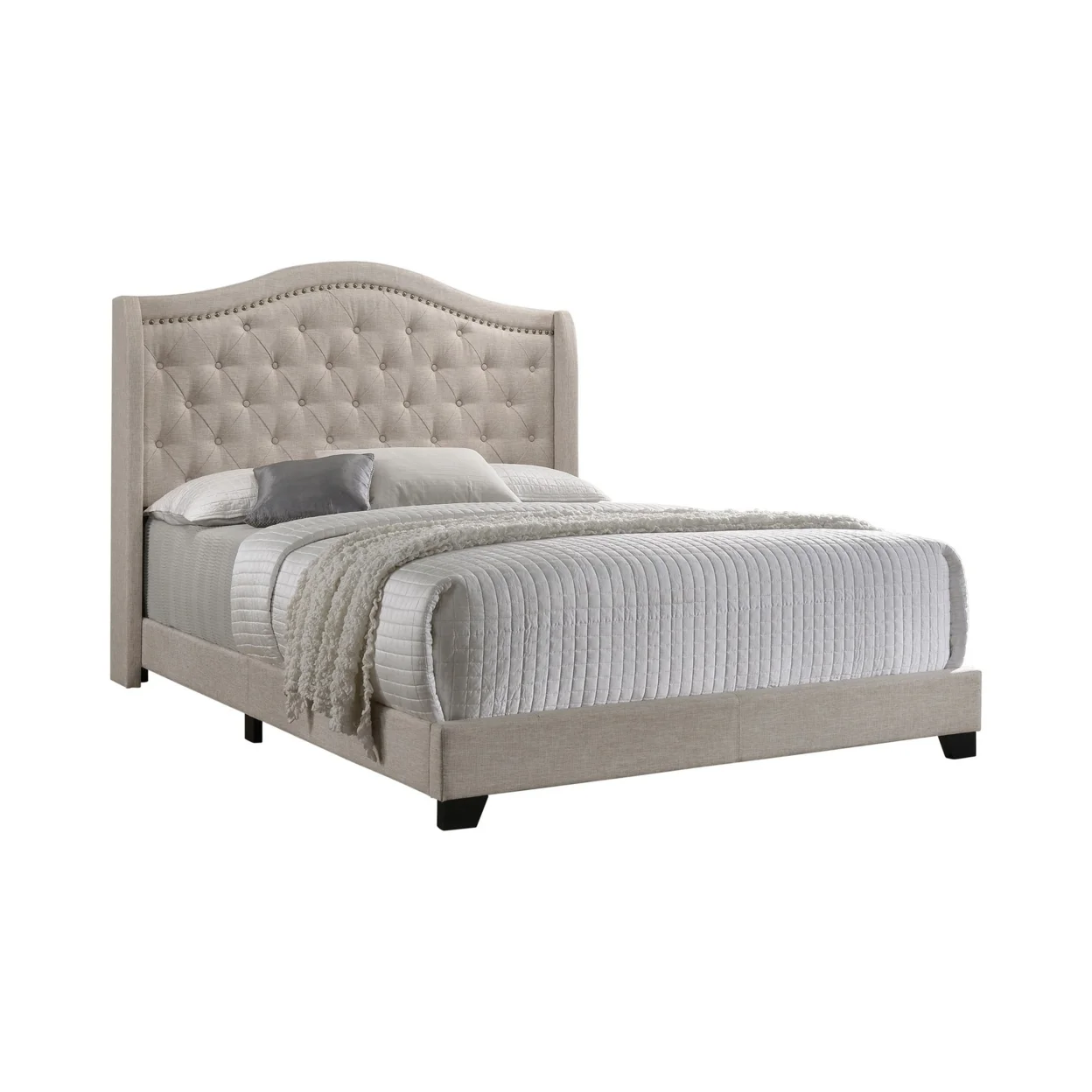 Queen Size Bed, Beige Fabric Upholstered, Camel Back, Button Tufted