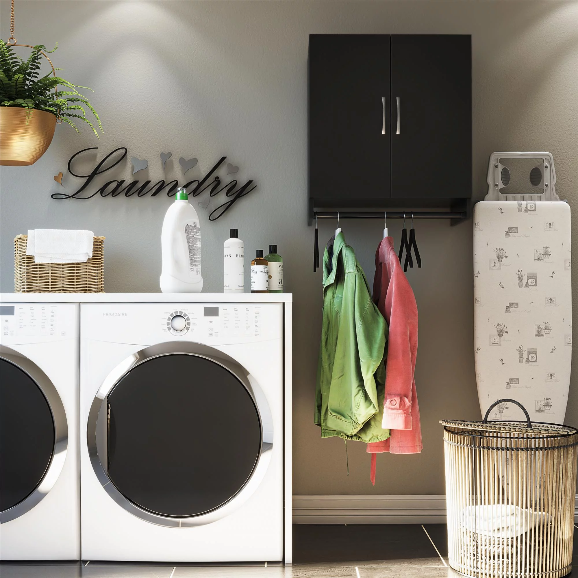 RealRooms Basin 2 Door Wall Storage Cabinet with Hanging Rod, Black